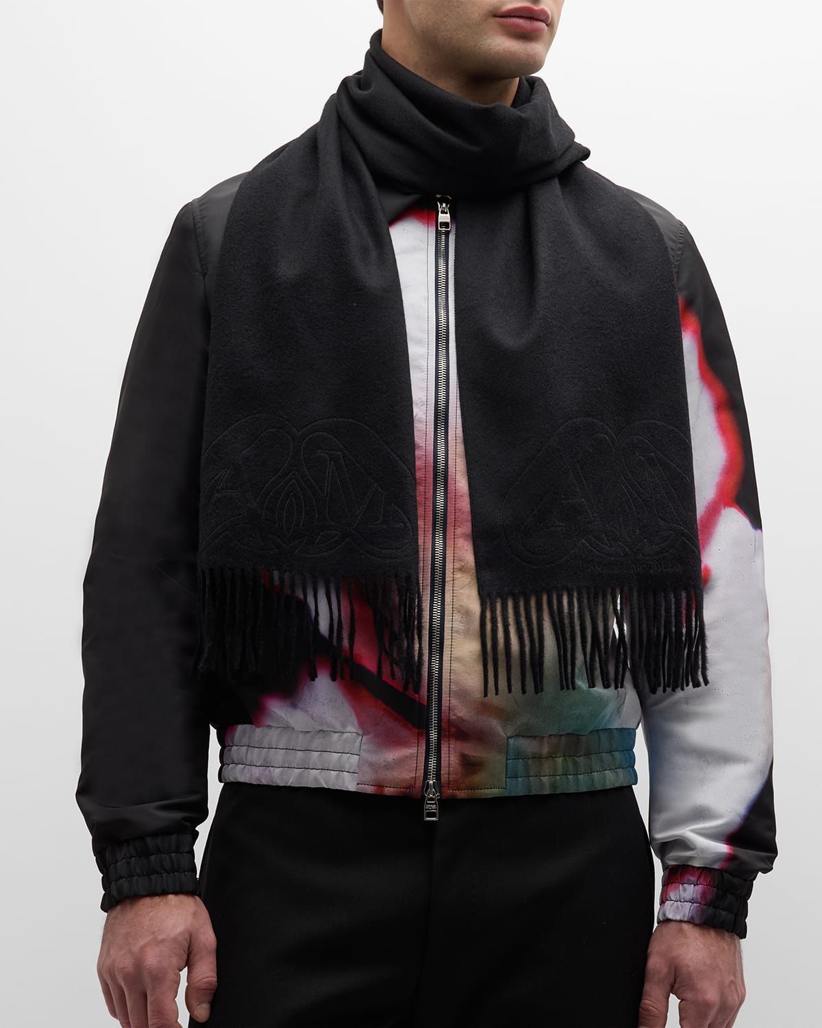 Alexander McQueen Men's Wool Embossed Seal Logo Scarf