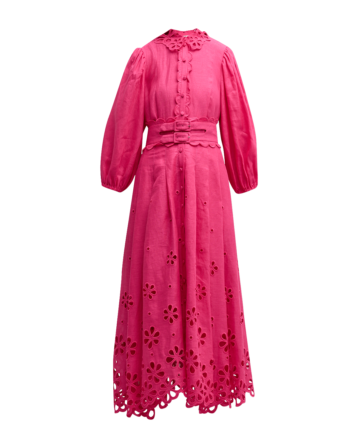 Maison Common Belted Linen Midi Dress with Floral Cutout Detail