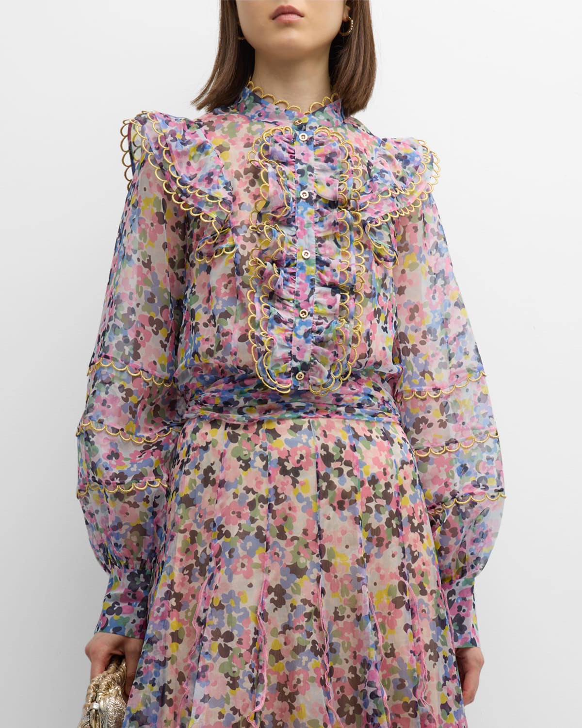 Maison Common Organza Floral Print Blouse with Gold Scallop Detail
