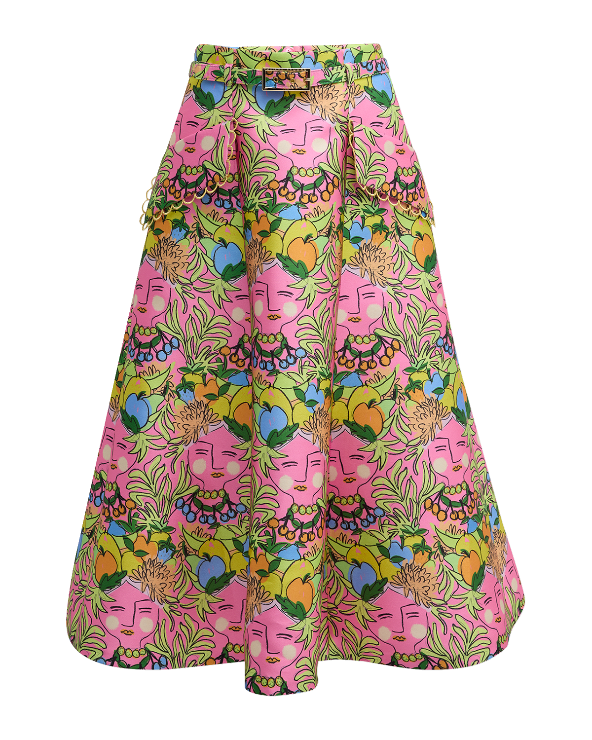 Maison Common Face-Print Belted Midi A-Line Skirt