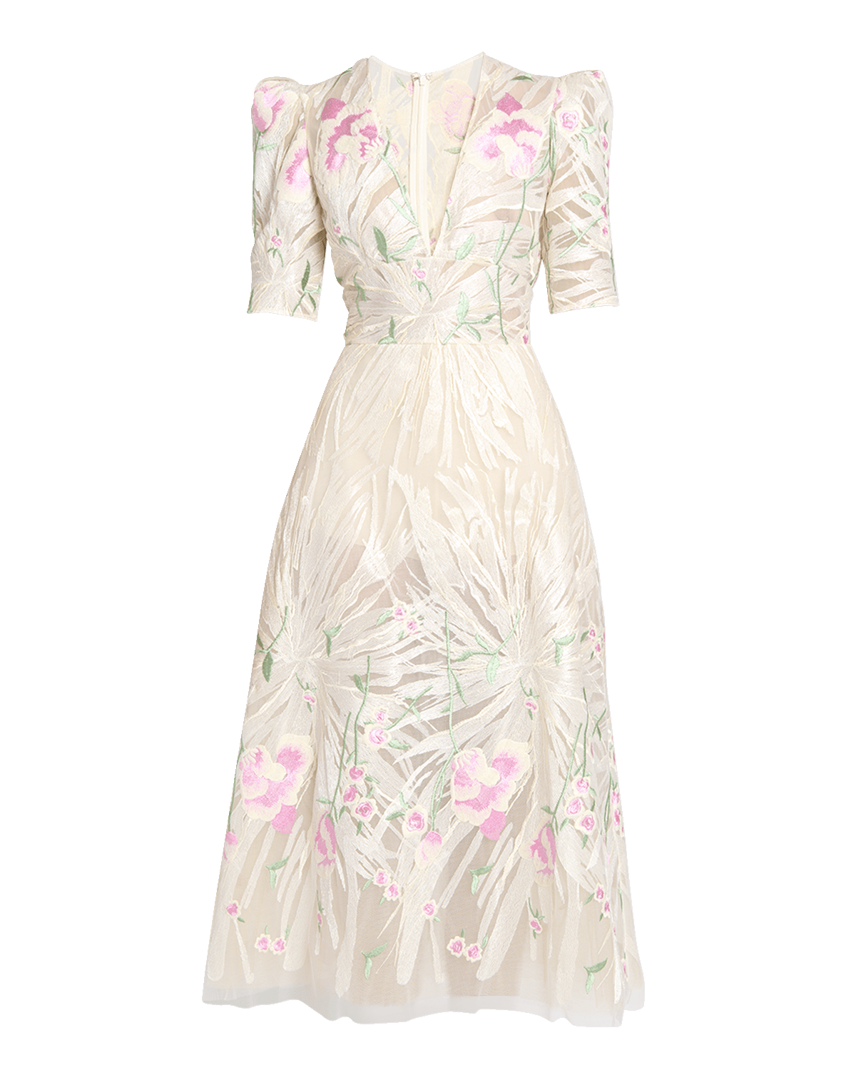 Elie Saab Plunging Floral Embroidered Tulle Short-Sleeve Midi Dress