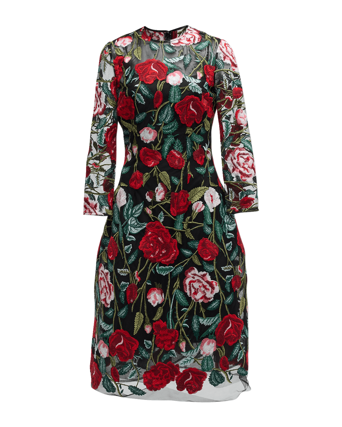 Rickie Freeman for Teri Jon 3/4-Sleeve Floral-Embroidered Midi Dress