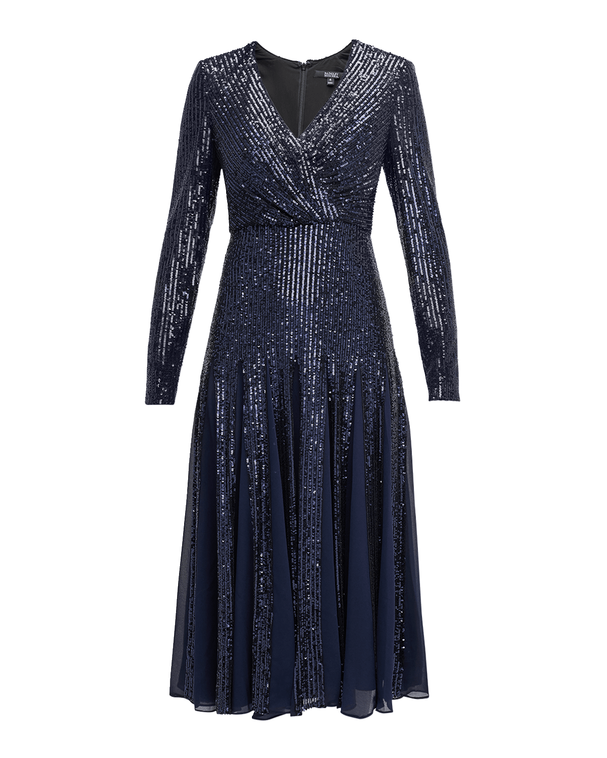 Badgley Mischka Collection Long-Sleeve Sequin Godet Midi Dress