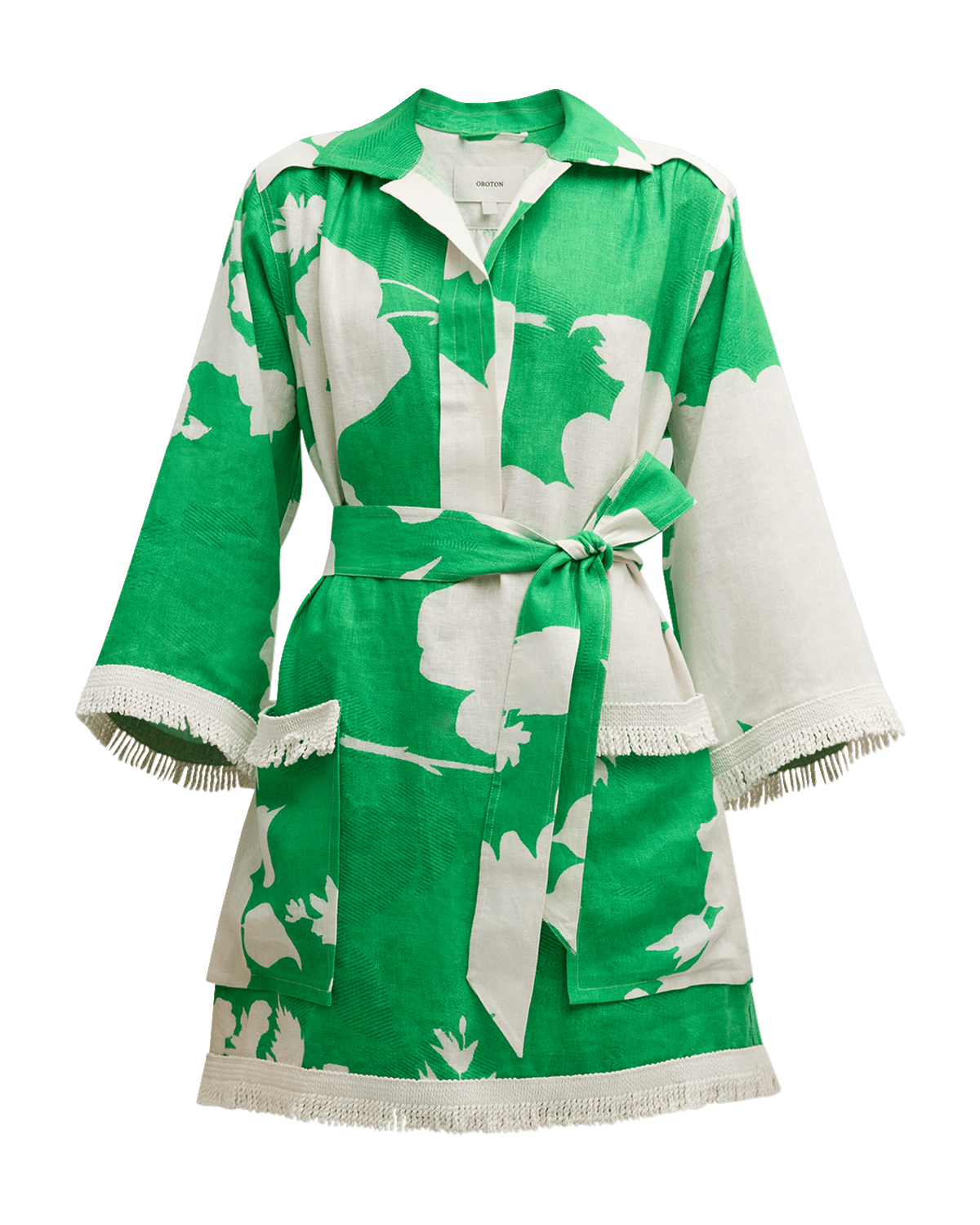 Oroton Belted Floral-Print Fringe-Trim Mini Dress