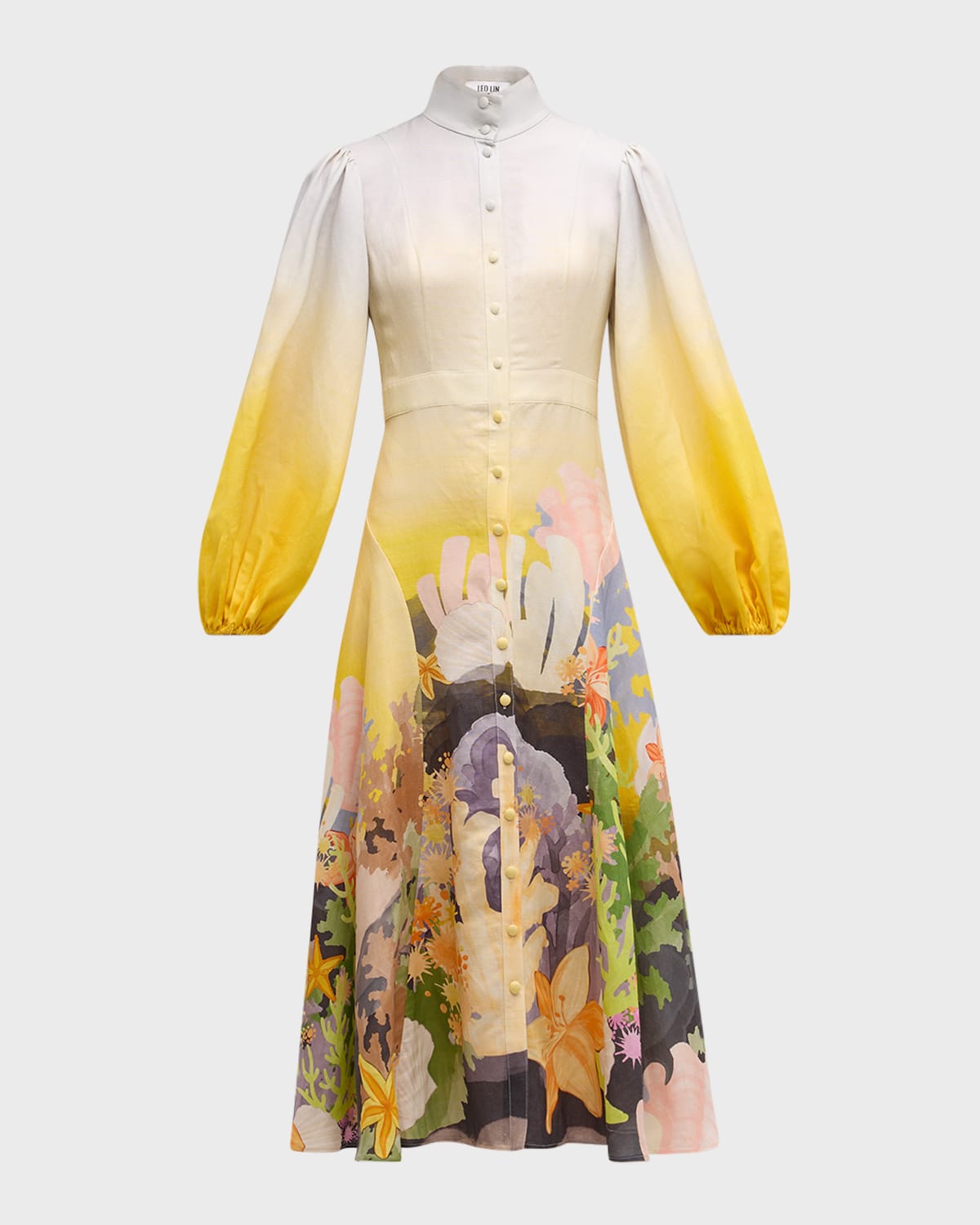 LEO LIN Nellie Coral-Print Balloon-Sleeve Midi Dress