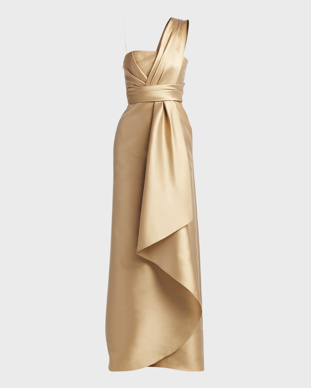 Alberta Ferretti Pleated Drape One-Shoulder Satin Gown