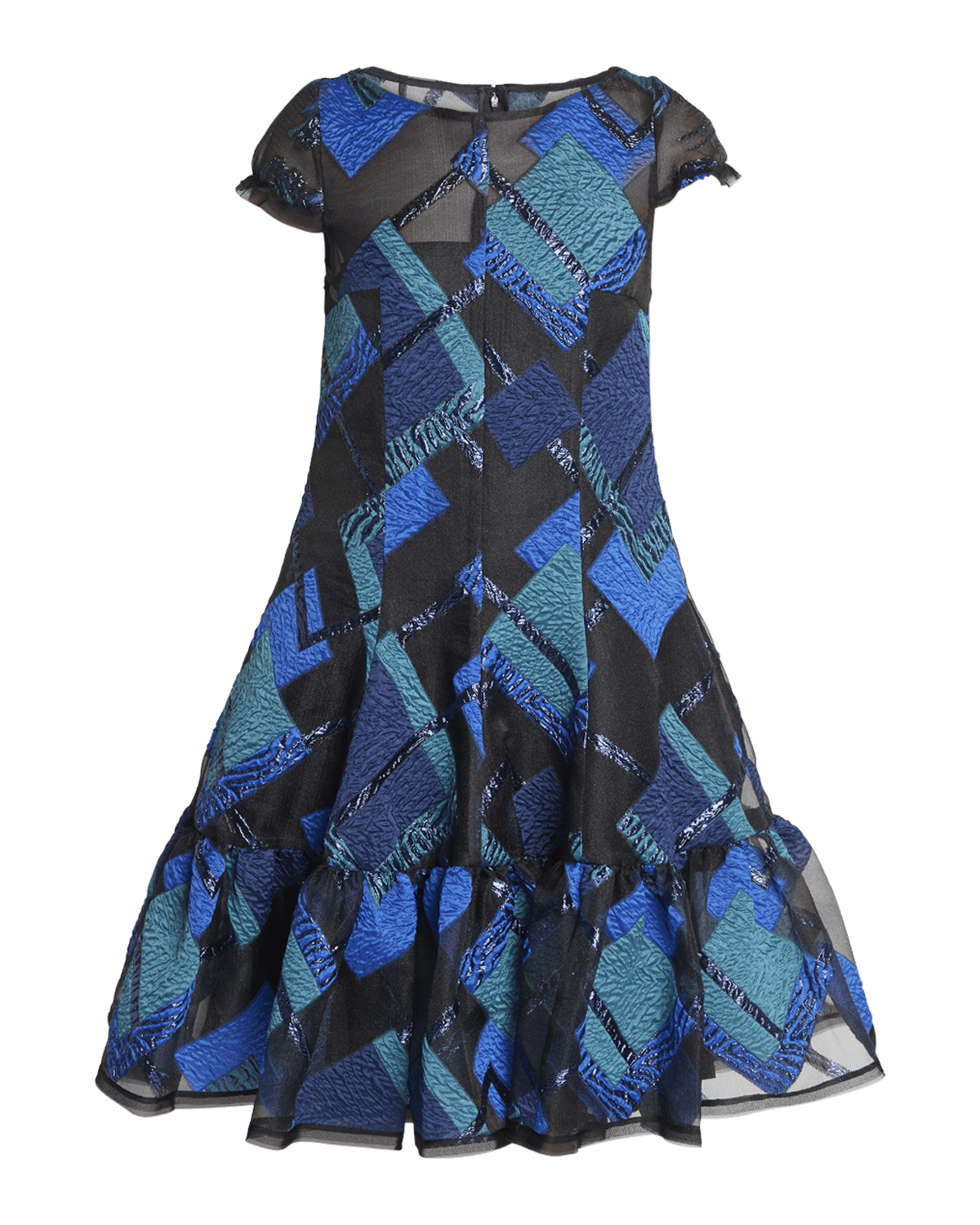 Talbot Runhof Short-Sleeve Metallic Plaid Brocade Organza Ruffle-Hem Dress