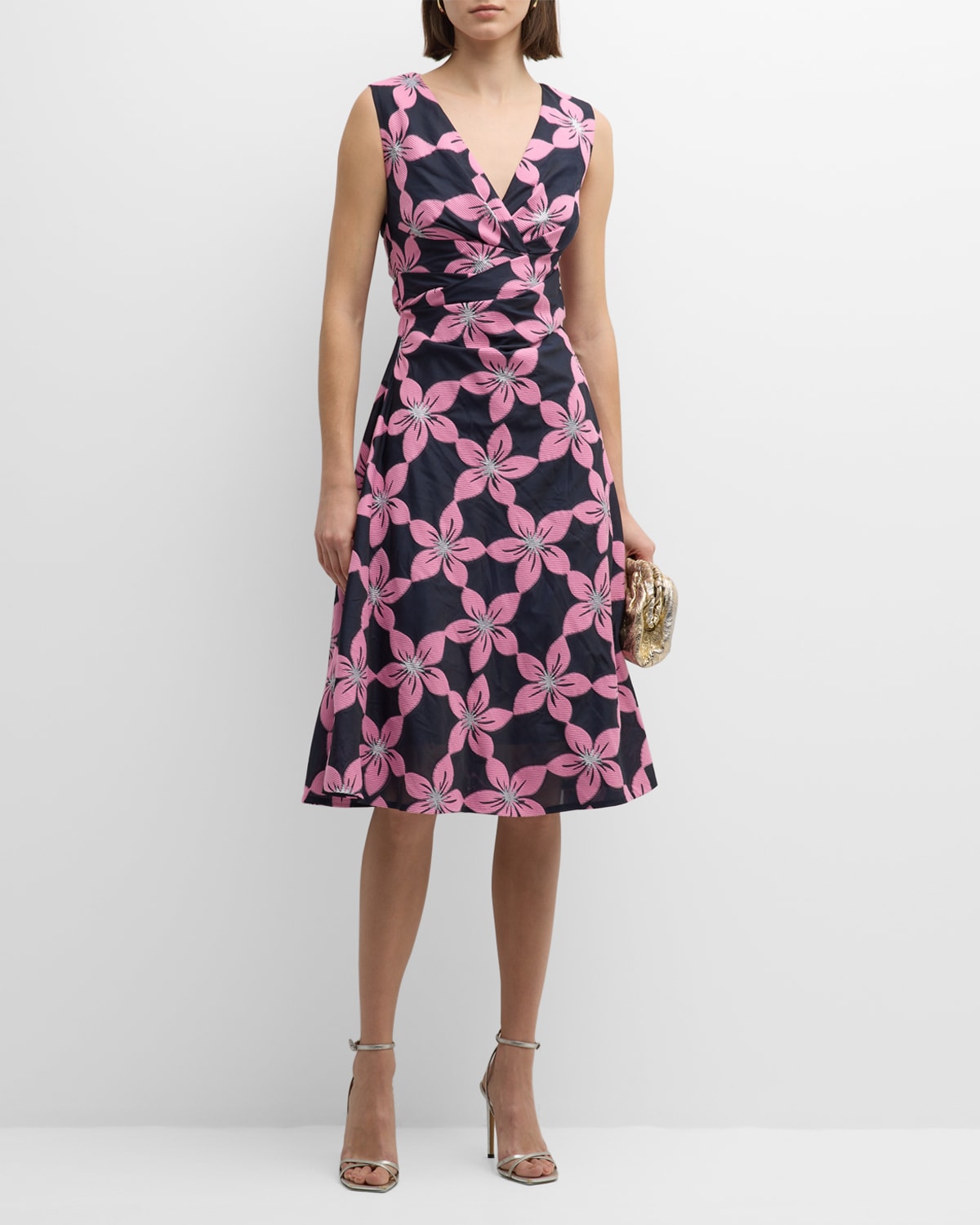 Talbot Runhof Poinsettia Cotton Jacquard Draped Sleeveless Dress
