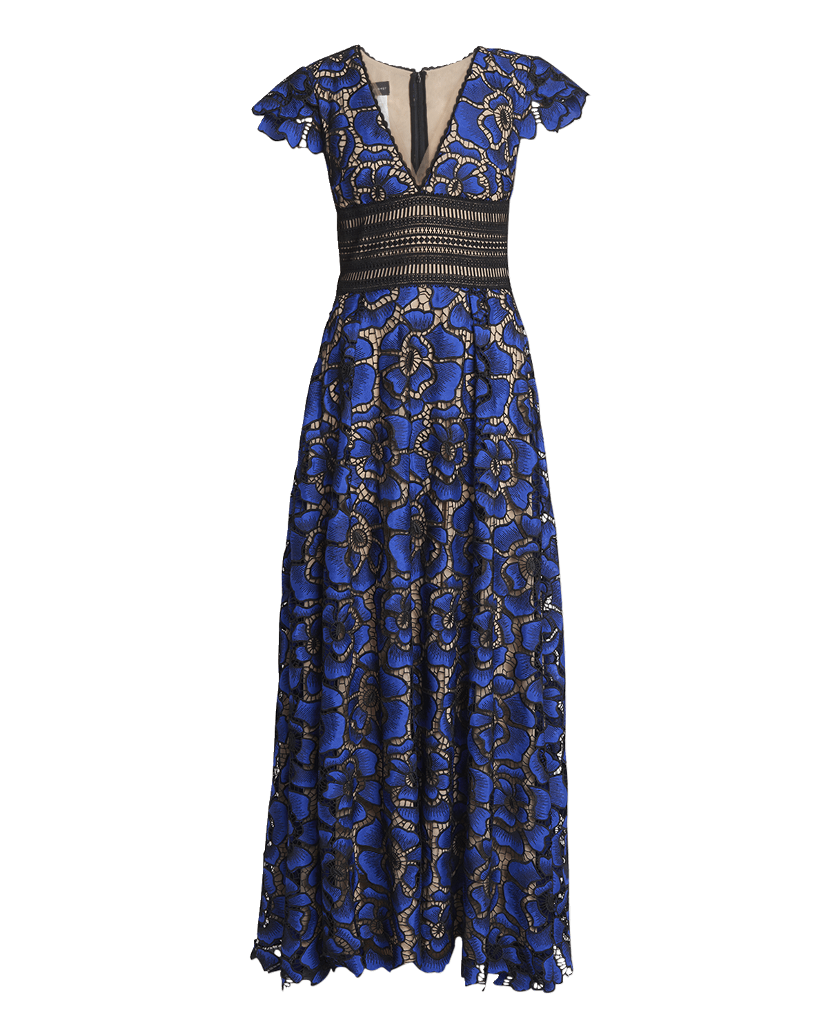 Talbot Runhof V-Neck Cap-Sleeve Cornflower Embroidered Lace Gown