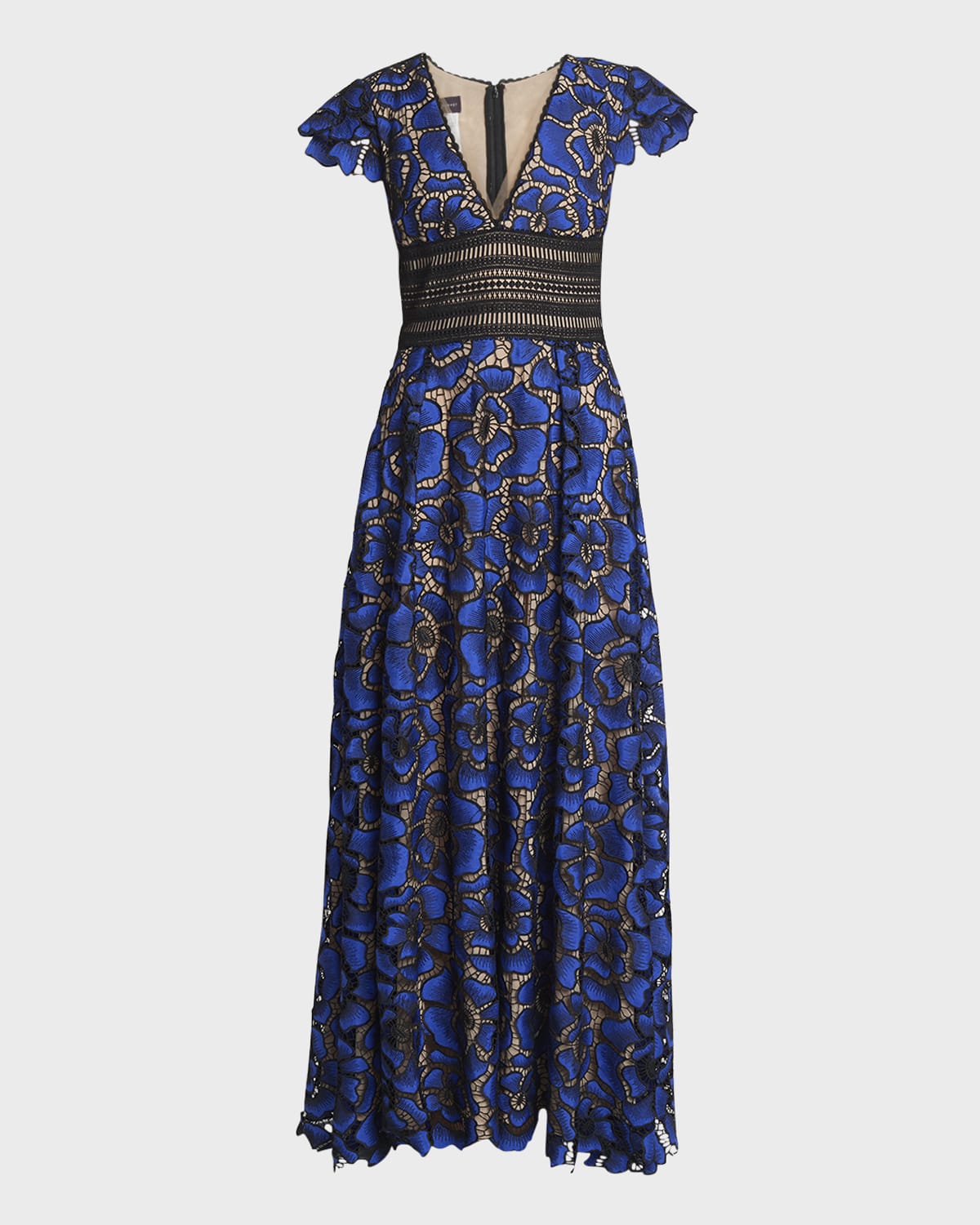 Talbot Runhof V-Neck Cap-Sleeve Cornflower Embroidered Lace Gown