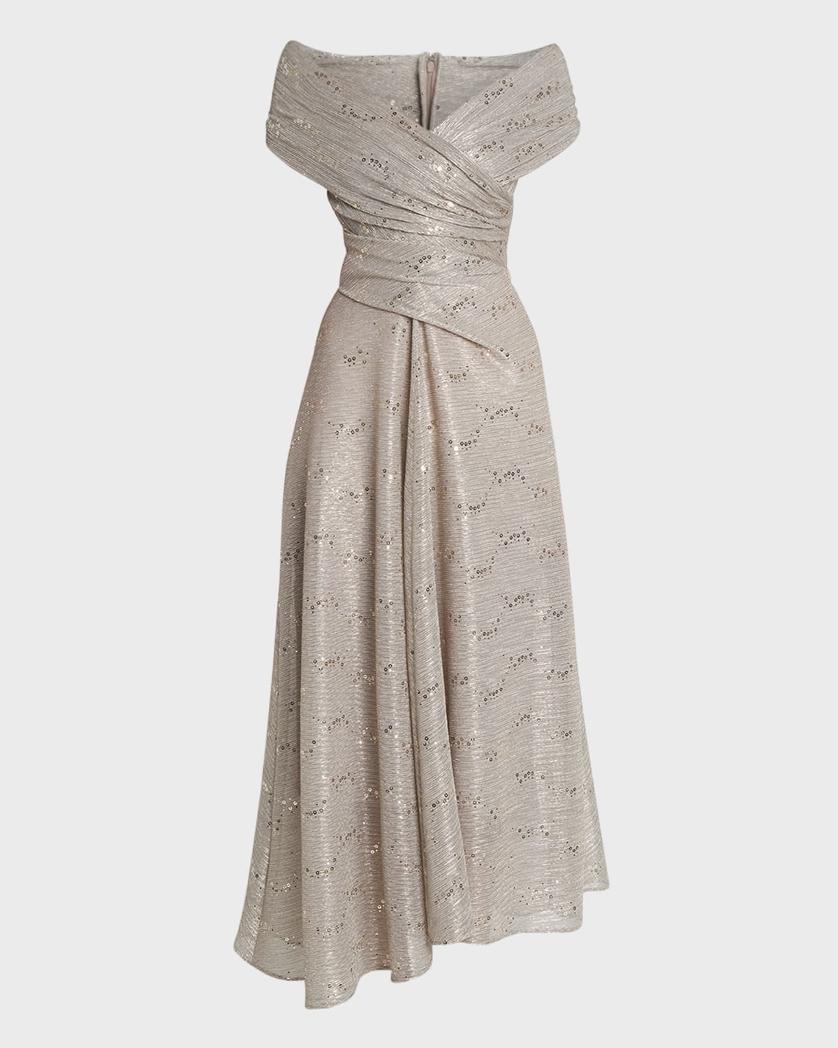 Talbot Runhof Metallic Sequin Voile Off-The-Shoulder Midi Dress