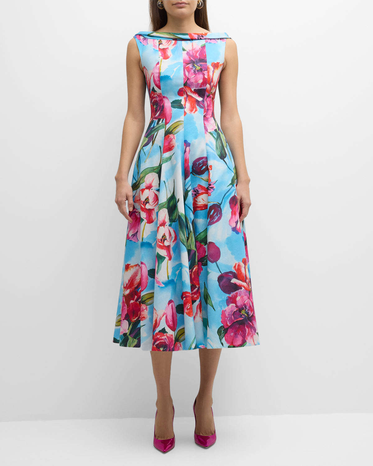 Talbot Runhof Tulip-Print High-Neck Cotton Pique Midi Dress