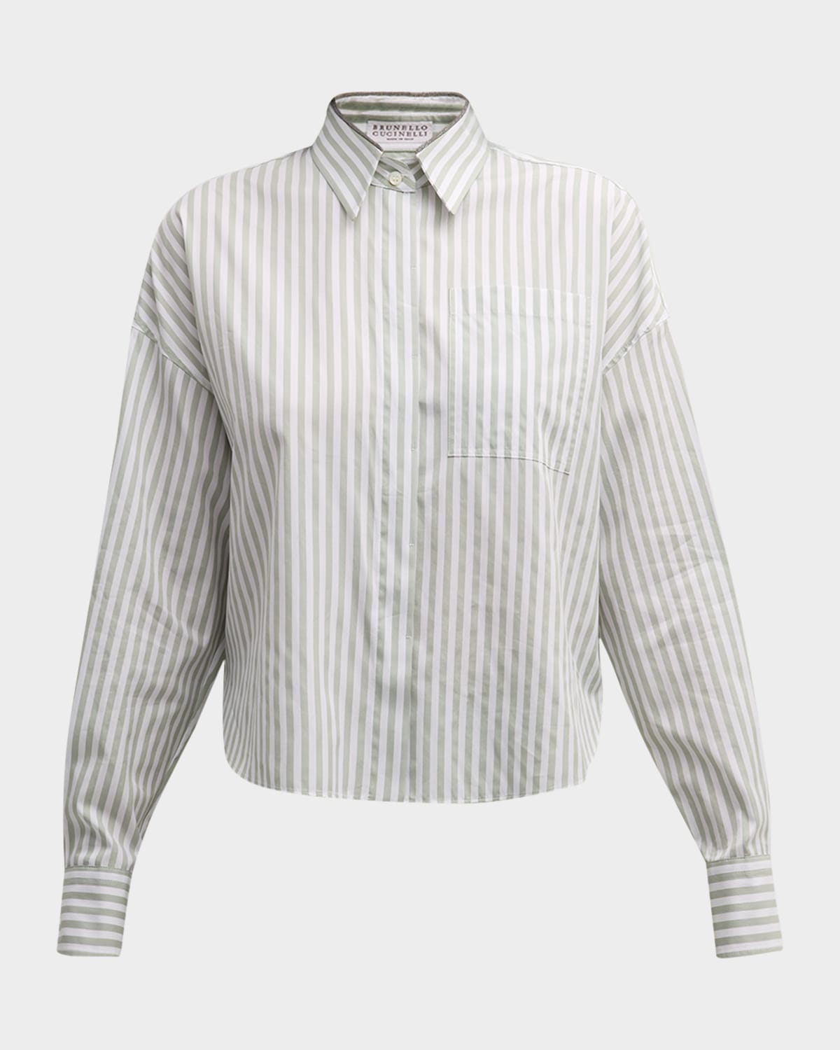 Brunello Cucinelli Striped Button-Front Blouse with Monili Trim