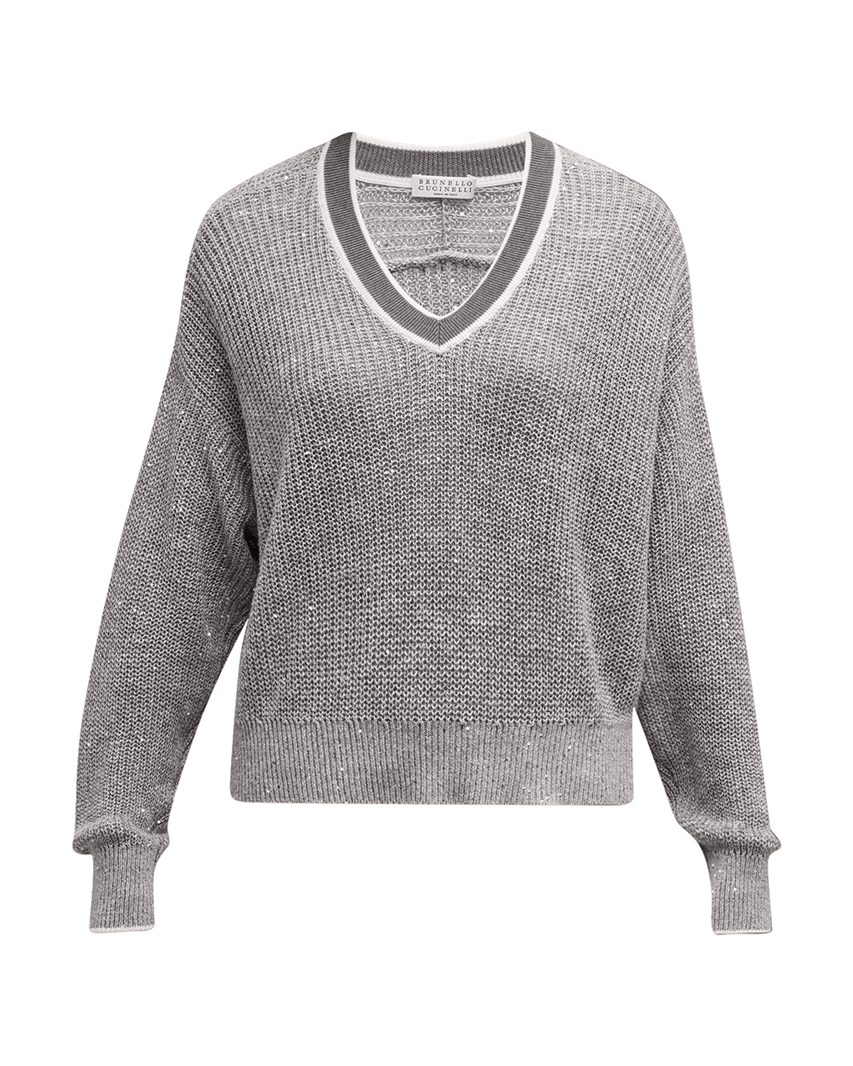 Brunello Cucinelli V-Neck Linen Paillette Knit Varsity Sweater