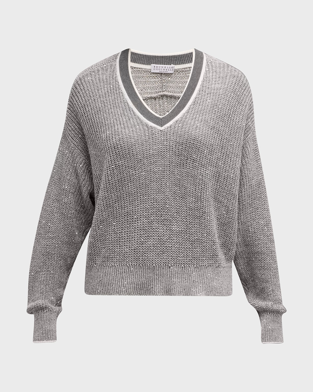 Brunello Cucinelli V-Neck Linen Paillette Knit Varsity Sweater