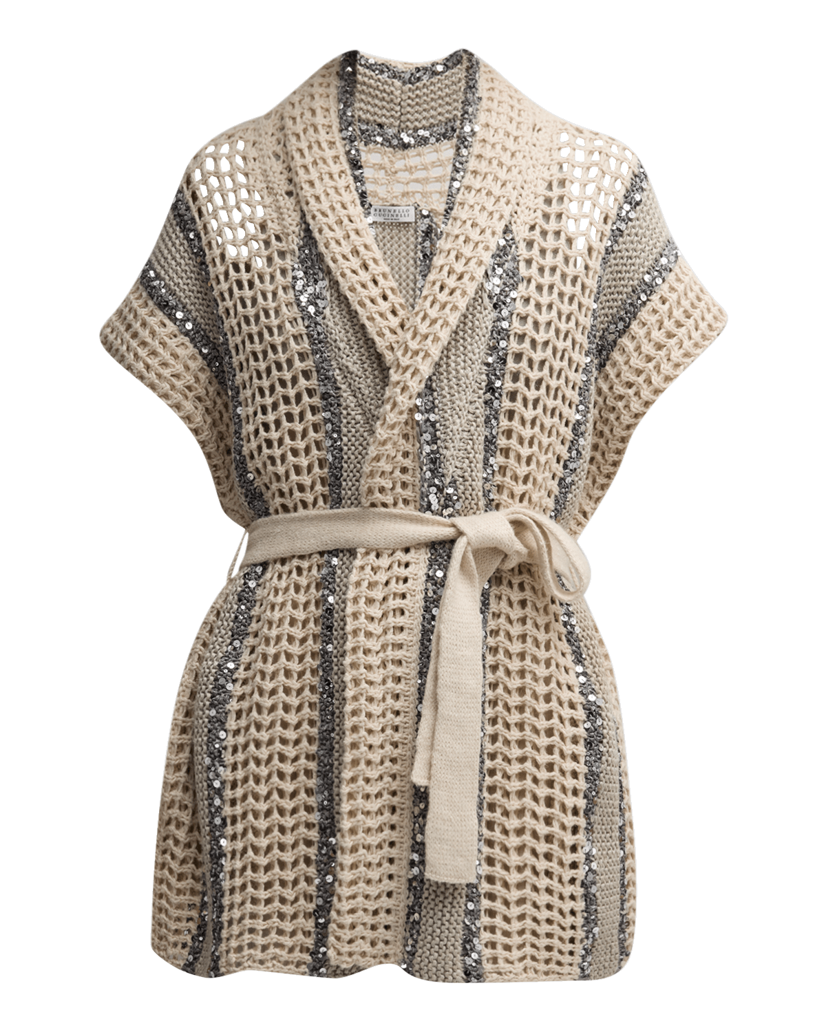 Brunello Cucinelli Open-Knit Long Net Cardigan with Paillette Detail