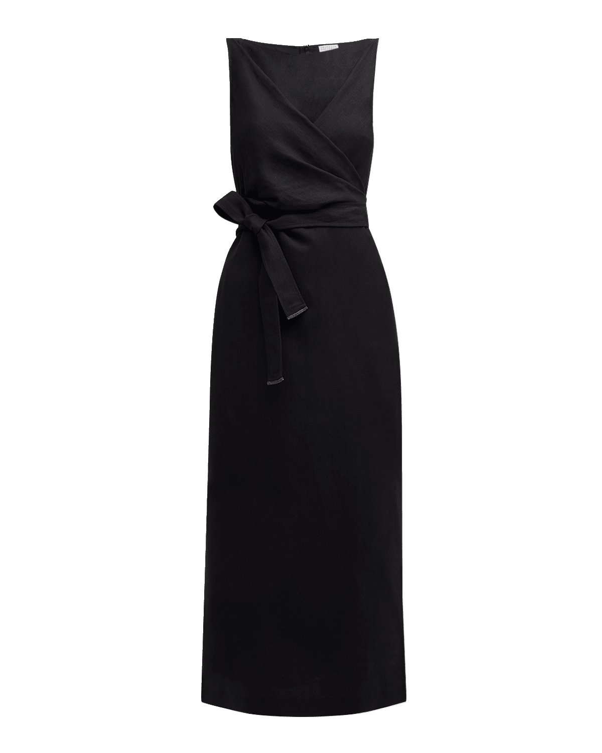 Brunello Cucinelli High-Neck Monili-Trim Wrap-Waist Fluid Linen Midi Dress