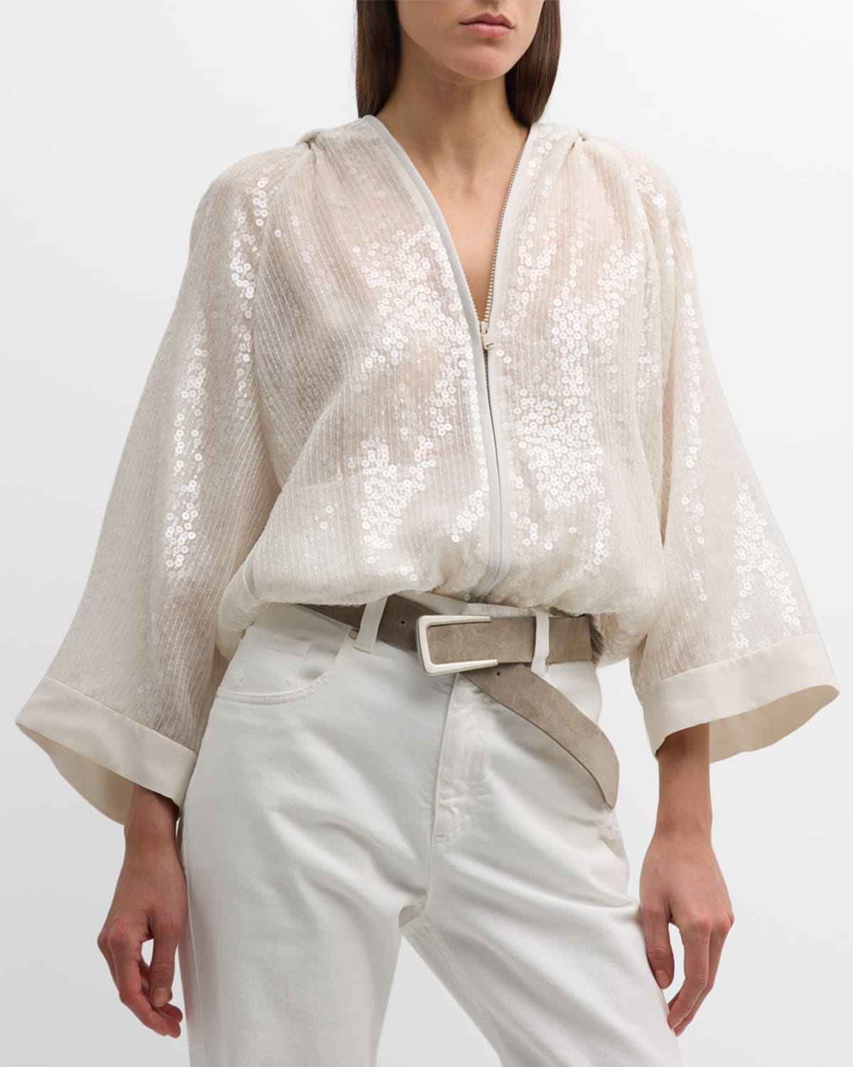 Brunello Cucinelli Cripsy Silk Paillette Hooded Jacket