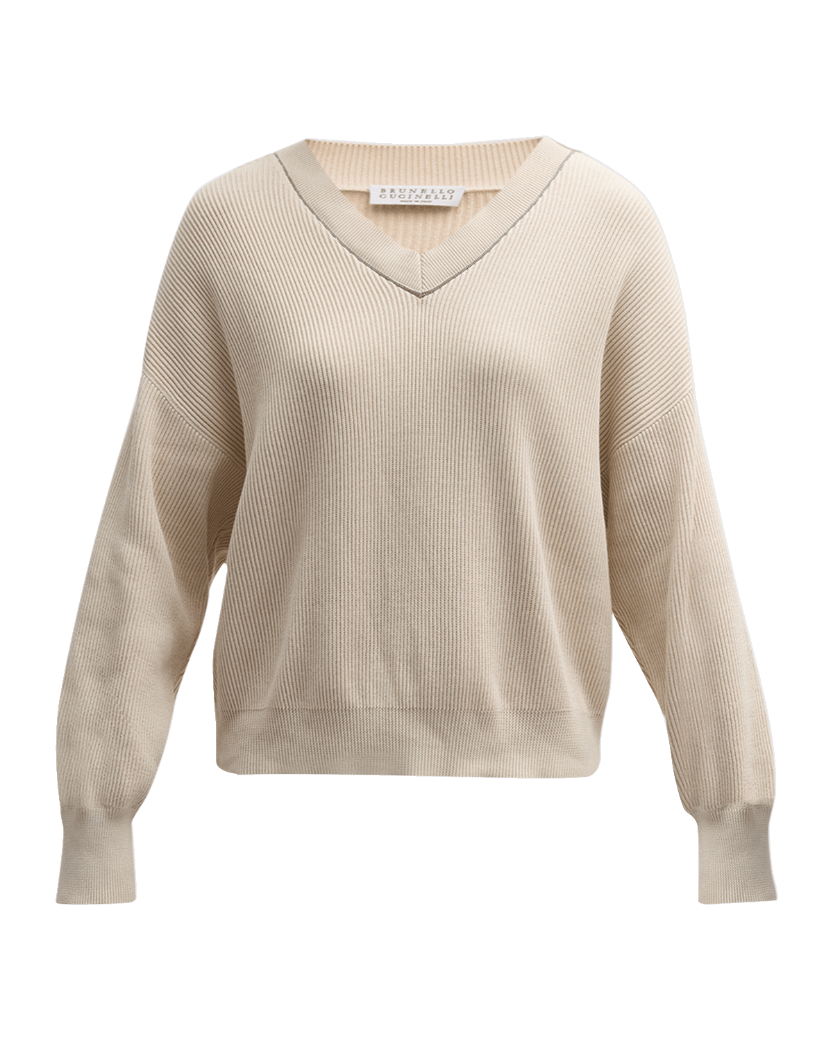 Brunello Cucinelli Monili-Trim V-Neck Cotton Rib Sweater