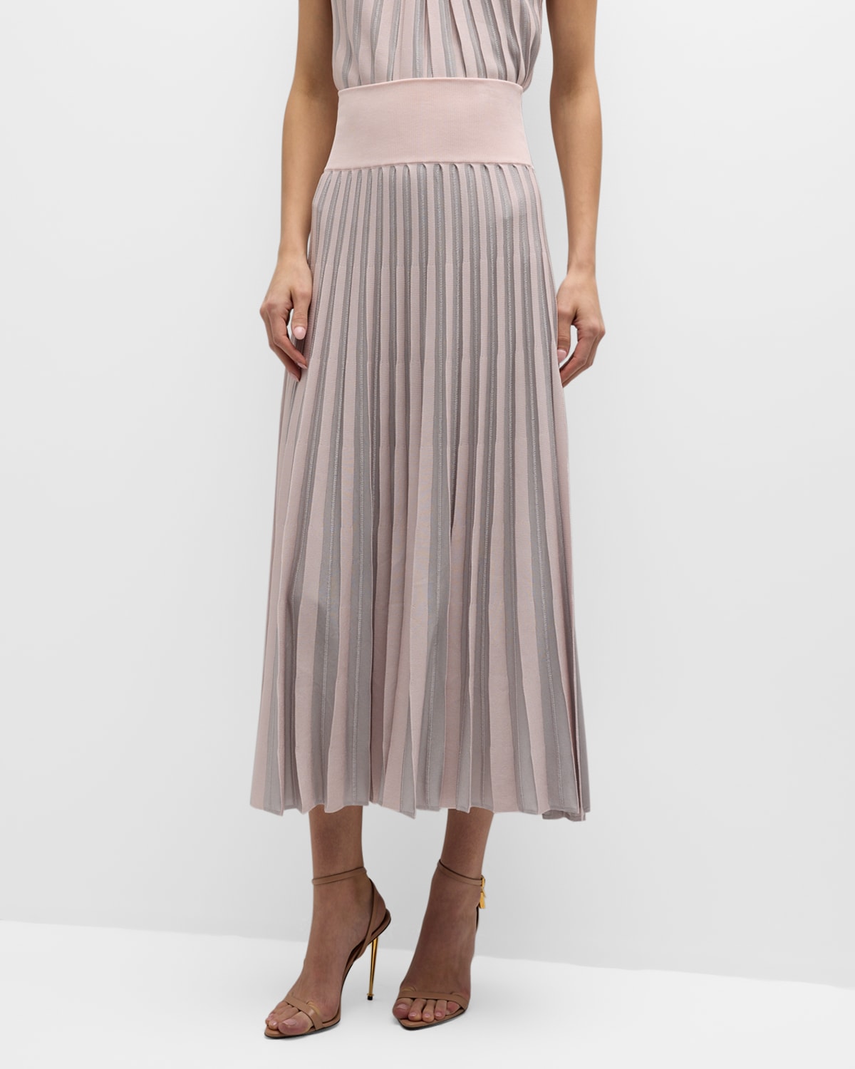 Emporio Armani Pleated Striped Side-Slit Midi Skirt