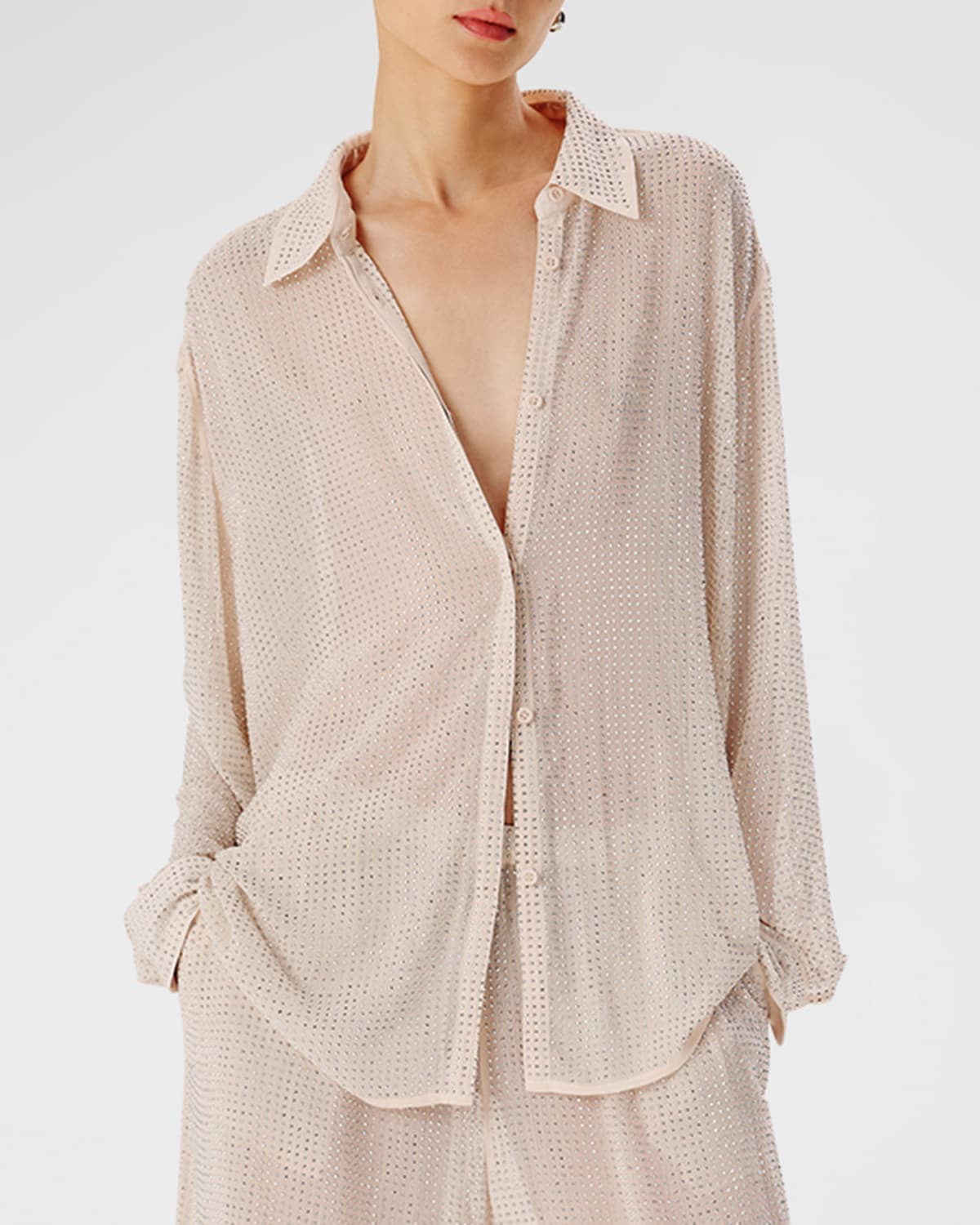 Ronny Kobo Jocelyn Rhinestone Chiffon Oversized Button-Front Top