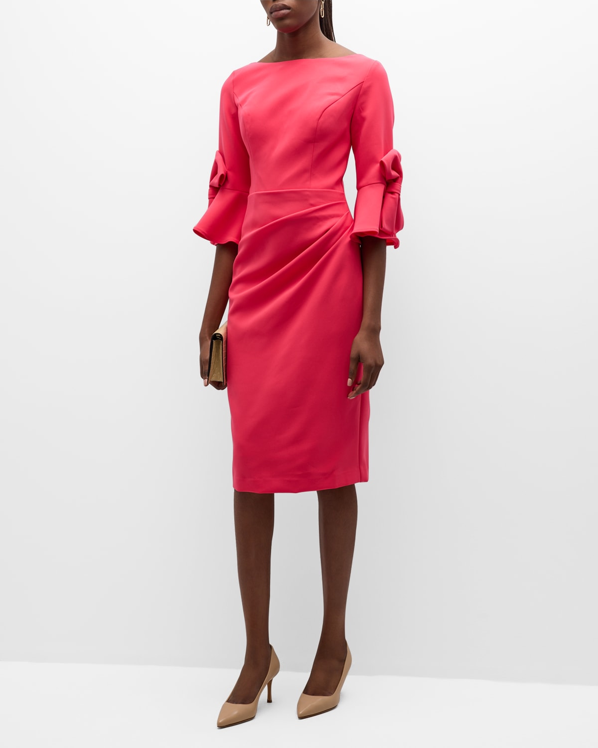 Jovani Pleated Bell-Sleeve Bow-Embellished Midi Dress