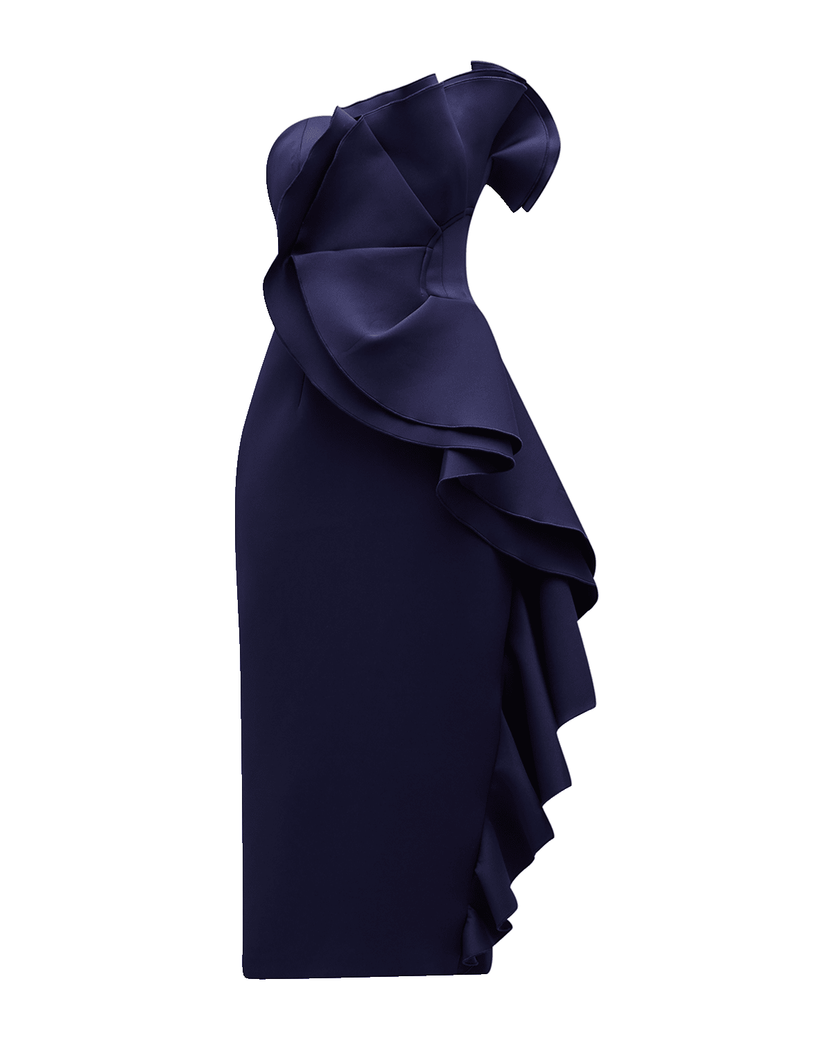 Jovani Strapless Ruffle Scuba Midi Dress