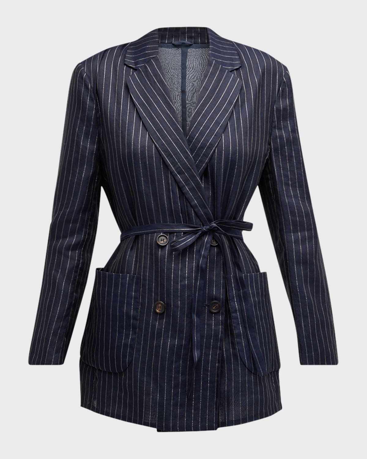 Brunello Cucinelli Metallic Pinstripe Cotton Gauze Belted Double-Breasted Blazer Jacket