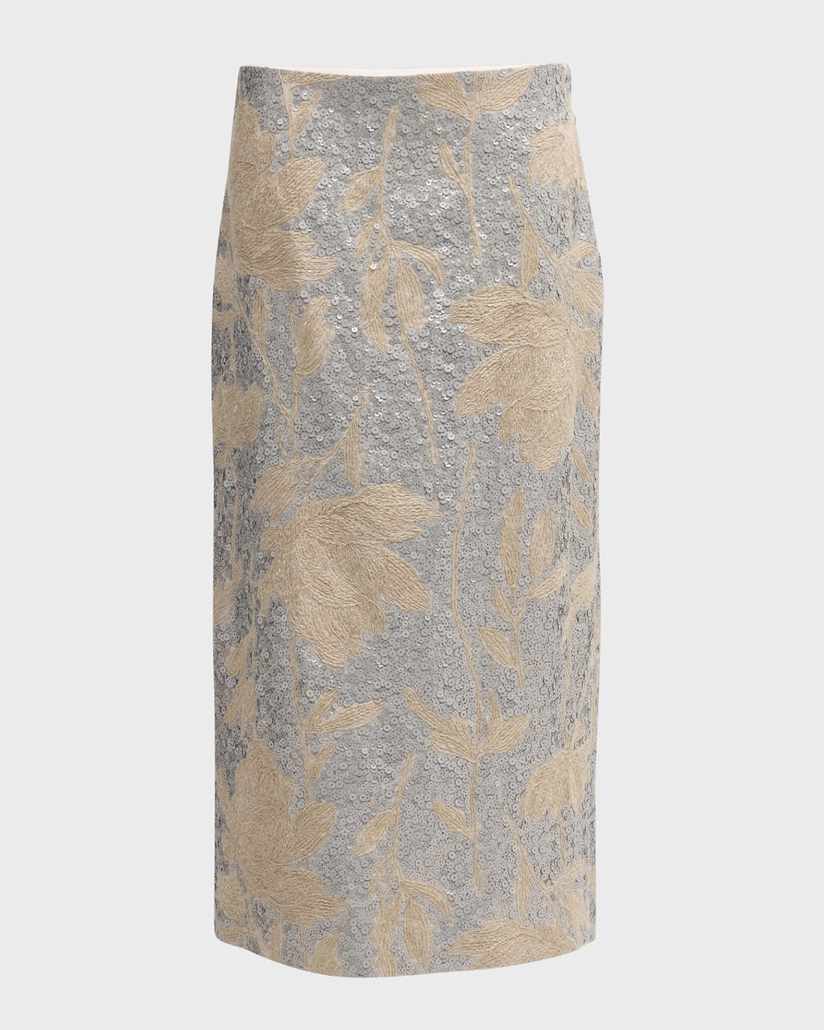 Brunello Cucinelli Linen Midi Skirt with Paillette Magnolia Embroidery