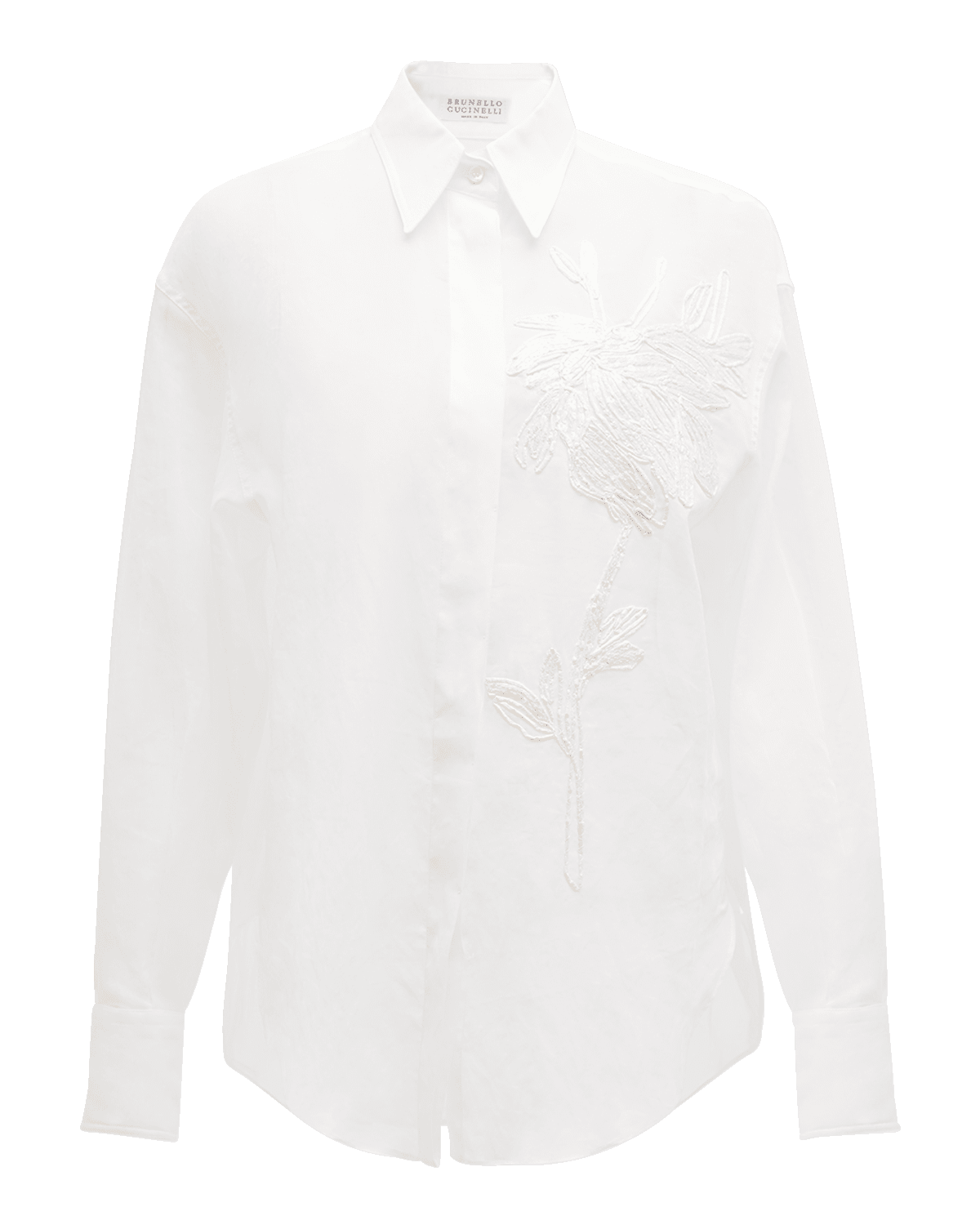 Brunello Cucinelli Crispy Silk Button-Front Blouse with Raffia Magnolia Embroidery