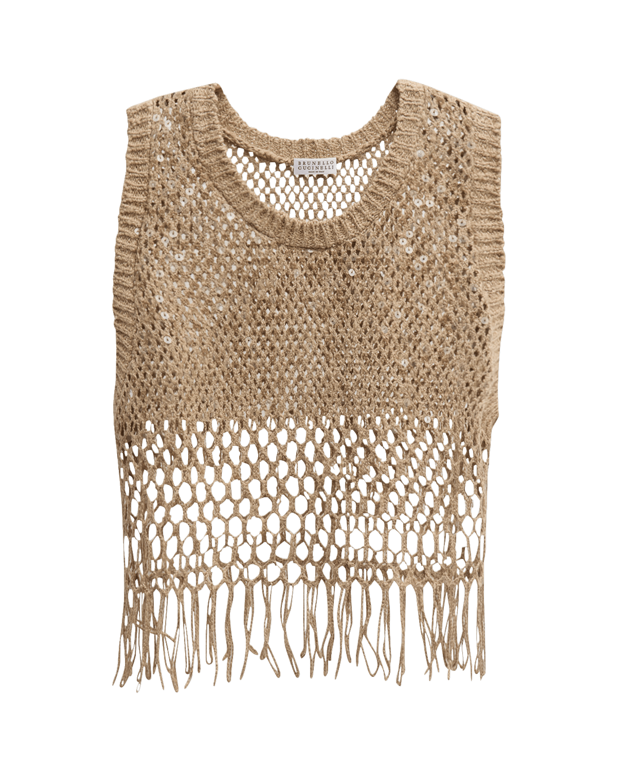 Brunello Cucinelli Linen-Silk Degrade Paillette Opera Knit Crop Tank Top With Fringe
