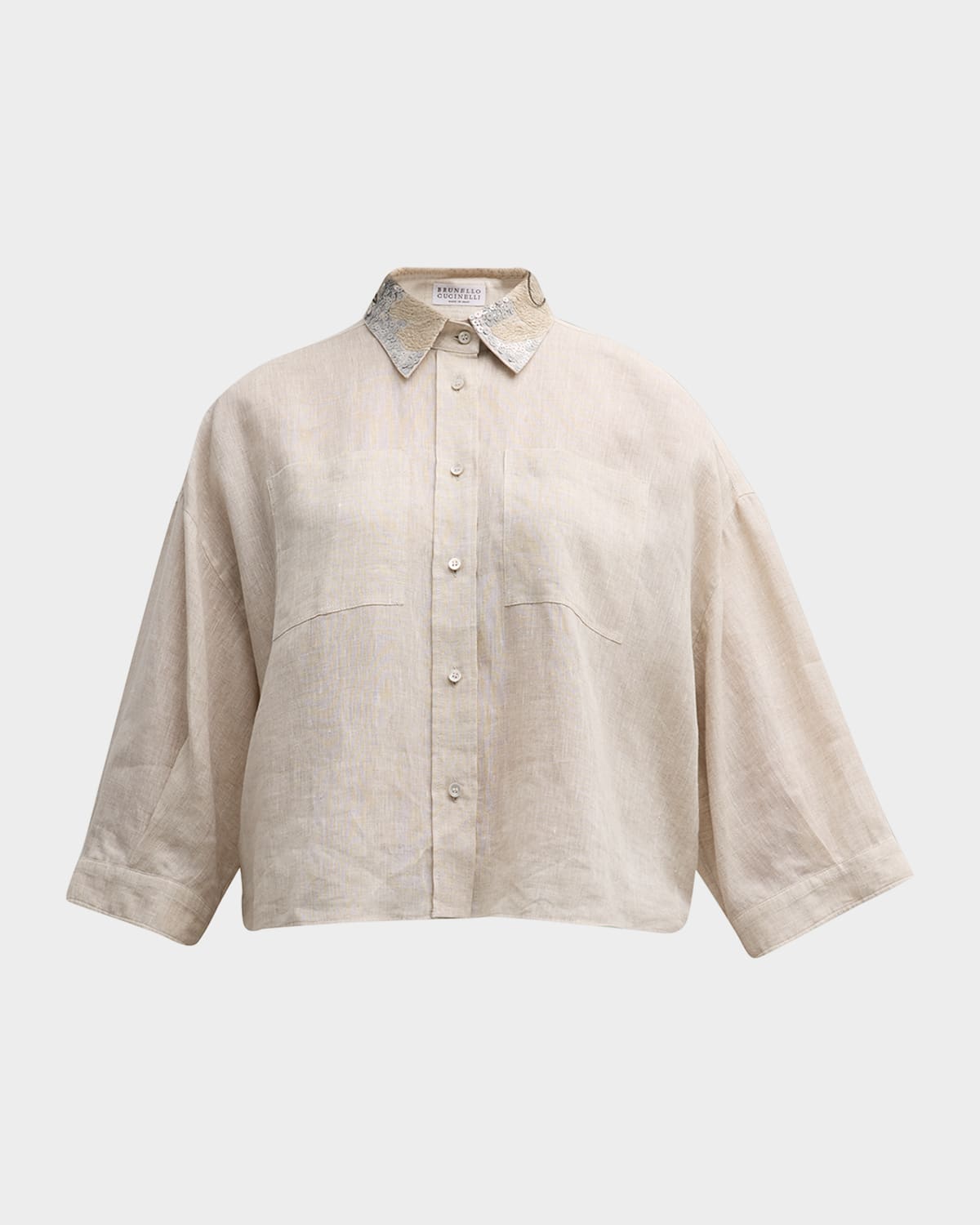 Brunello Cucinelli Magnolia Pailllette Embroidered-Collar Linen Relaxed Boxy Blouse