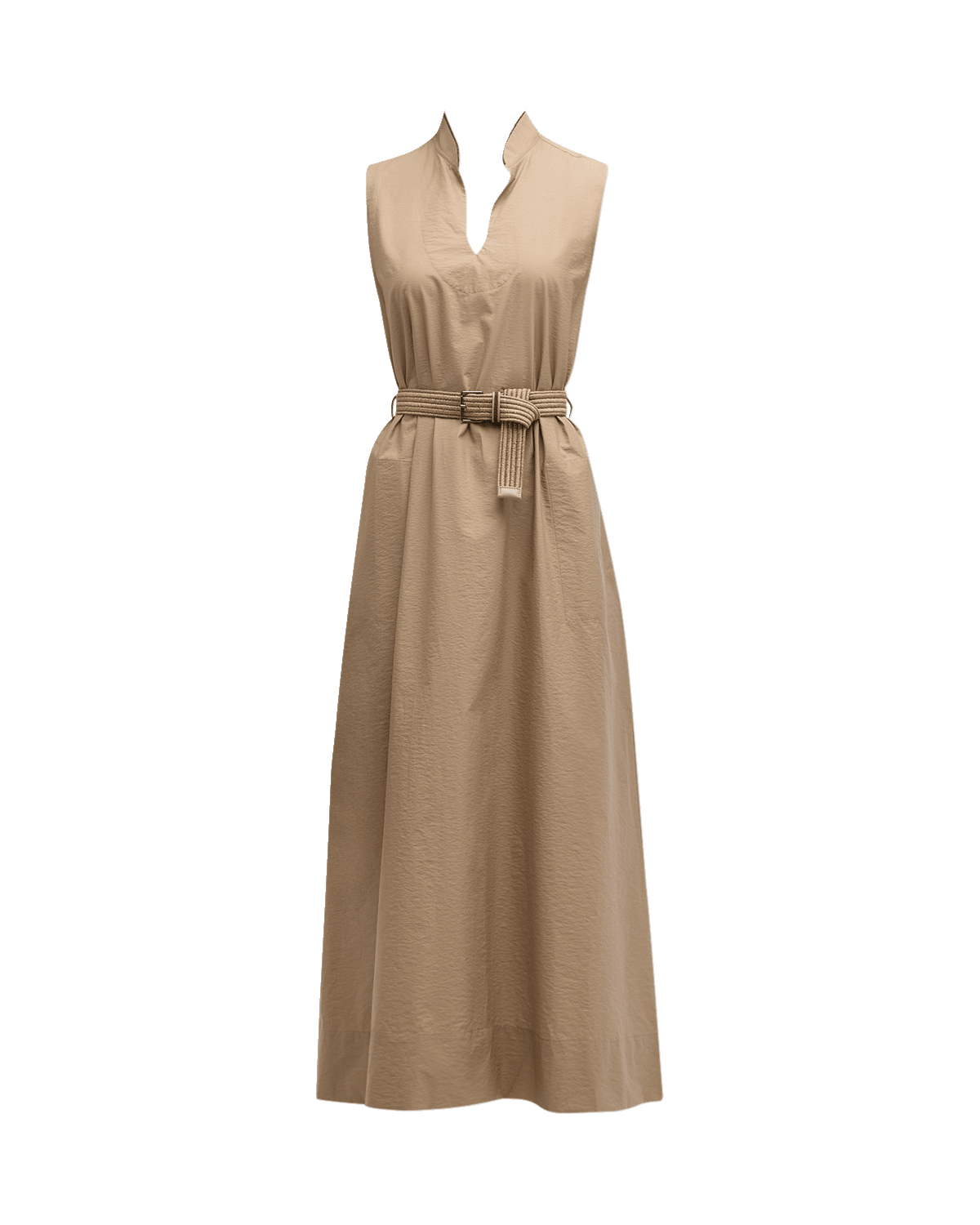 Brunello Cucinelli Monili-Collar Raffia-Belt Sleeveless Crinkle Cotton Maxi Dress
