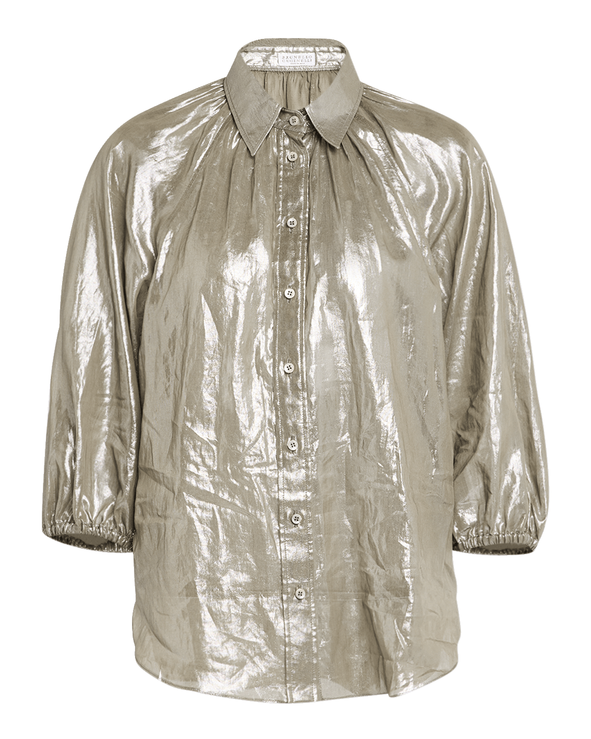 Brunello Cucinelli Metallic Cotton Gauze 3/4-Sleeve Blouse With Monili Epaulet