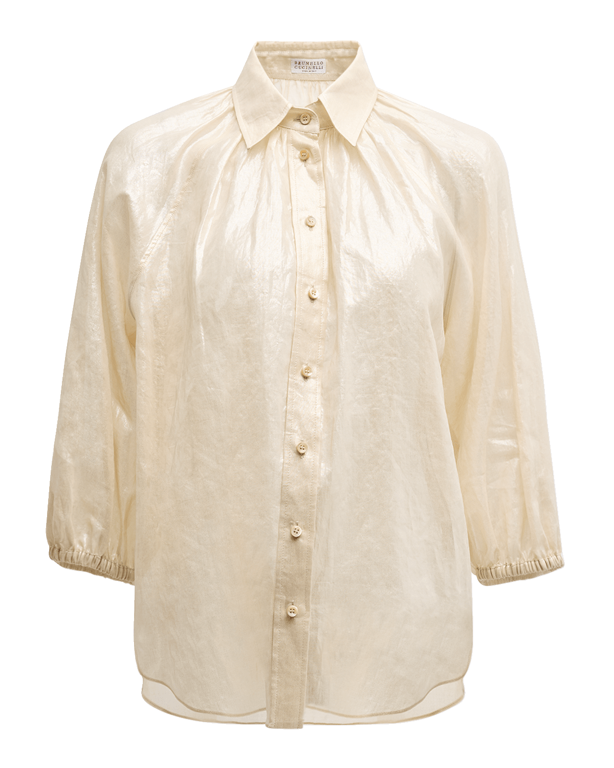 Brunello Cucinelli Metallic Cotton Gauze 3/4-Sleeve Blouse With Monili Epaulet