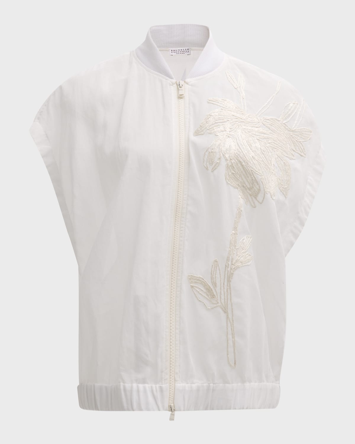 Brunello Cucinelli Crispy Silk Bomber Top with Magnolia Embroidery