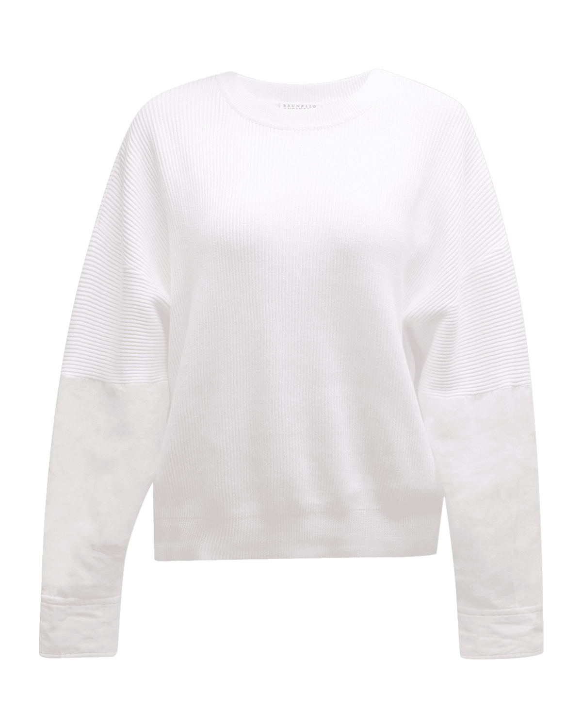 Brunello Cucinelli Cotton Ribbed Crewneck with Organza Sleeve Detail