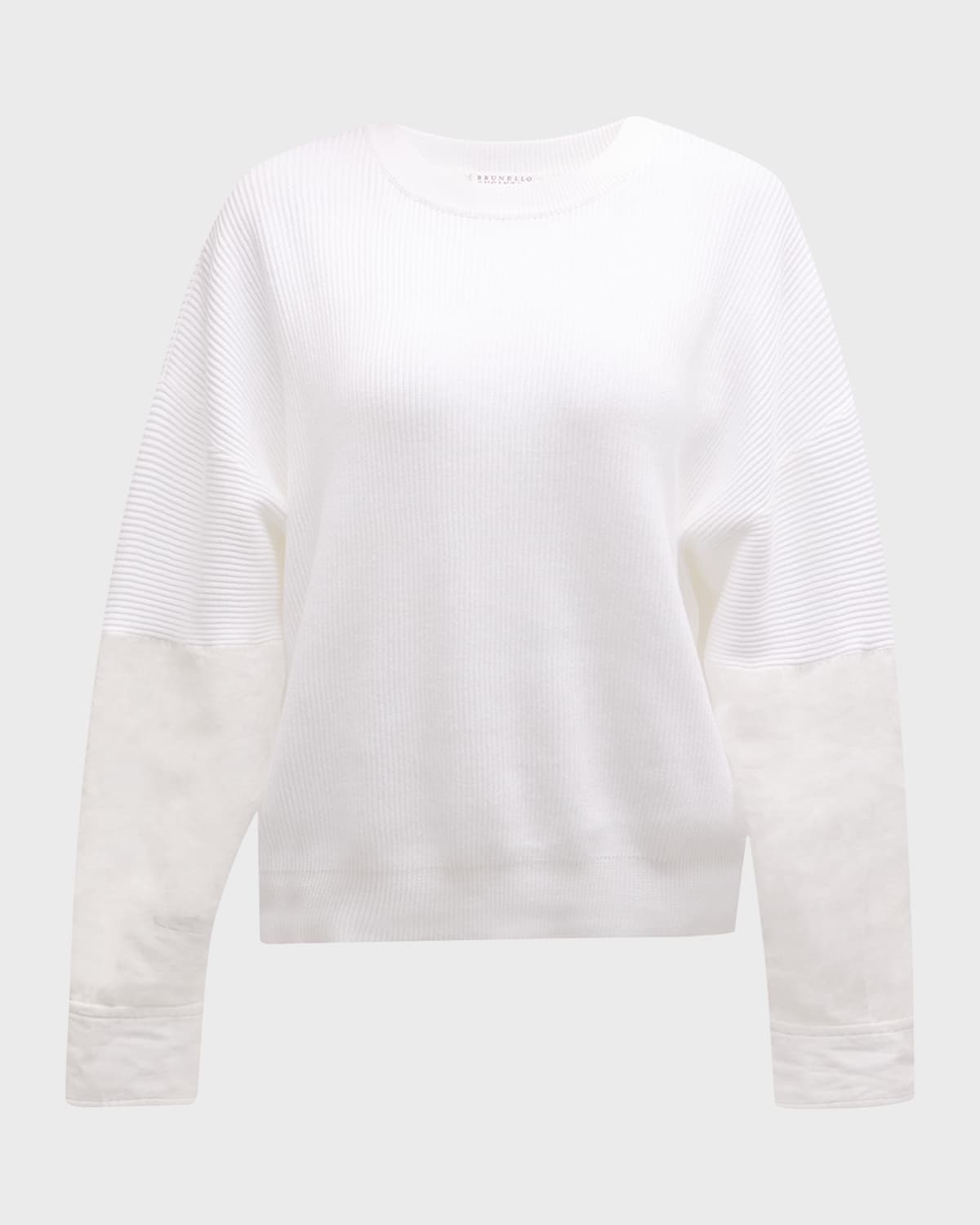 Brunello Cucinelli Cotton Ribbed Crewneck with Organza Sleeve Detail