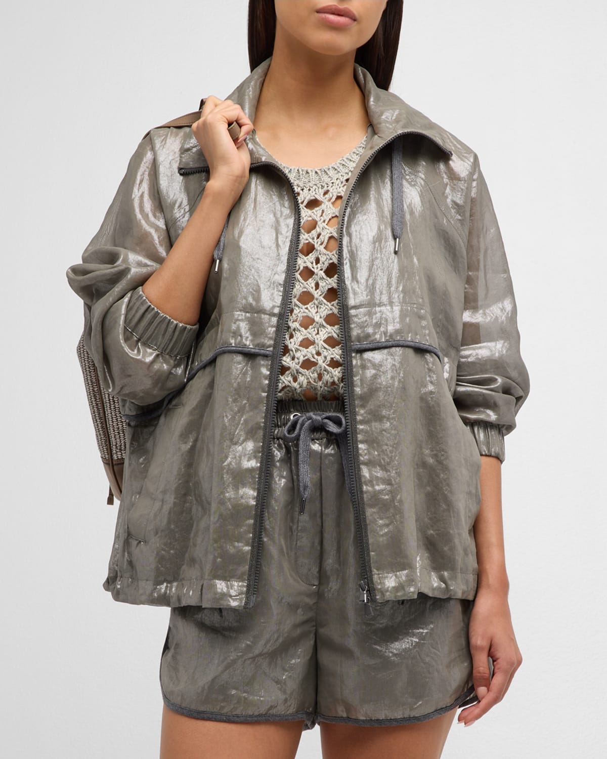 Brunello Cucinelli Metallic Cotton Gauze Track Jacket