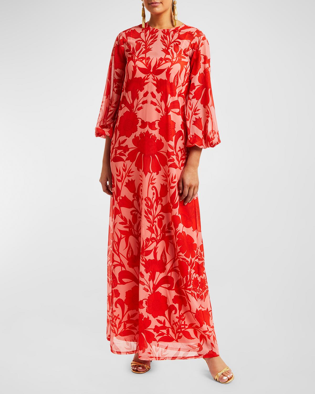 Mestiza New York Luzon Blouson-Sleeve Floral-Print Chiffon Gown