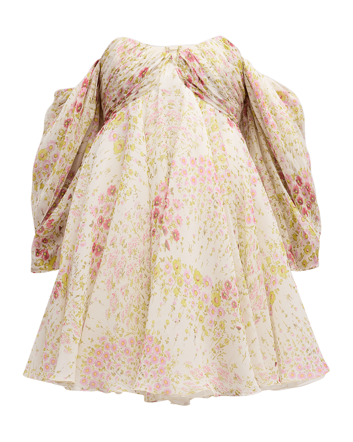 Giambattista Valli Floral-Print Sweetheart-Neck Long-Sleeve Empire-Waist Mini Dress
