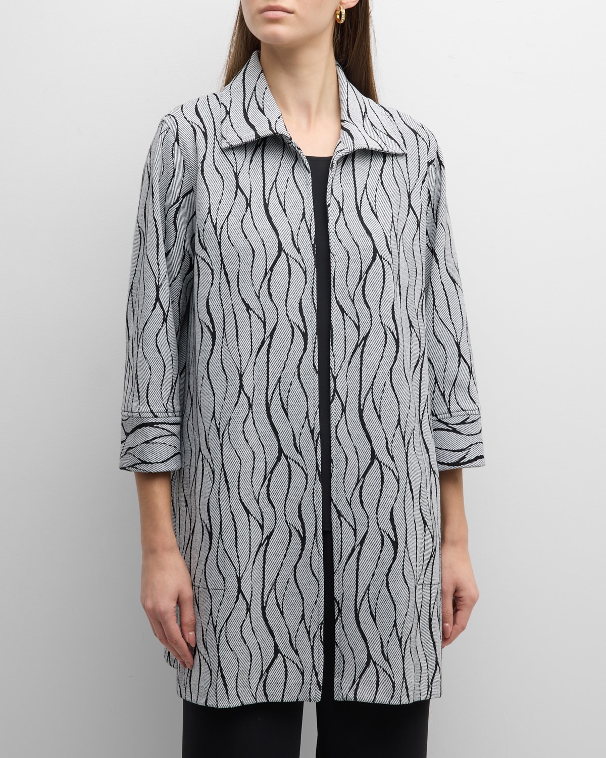 Caroline Rose 3/4-Sleeve Wave Intarsia Knit Topper