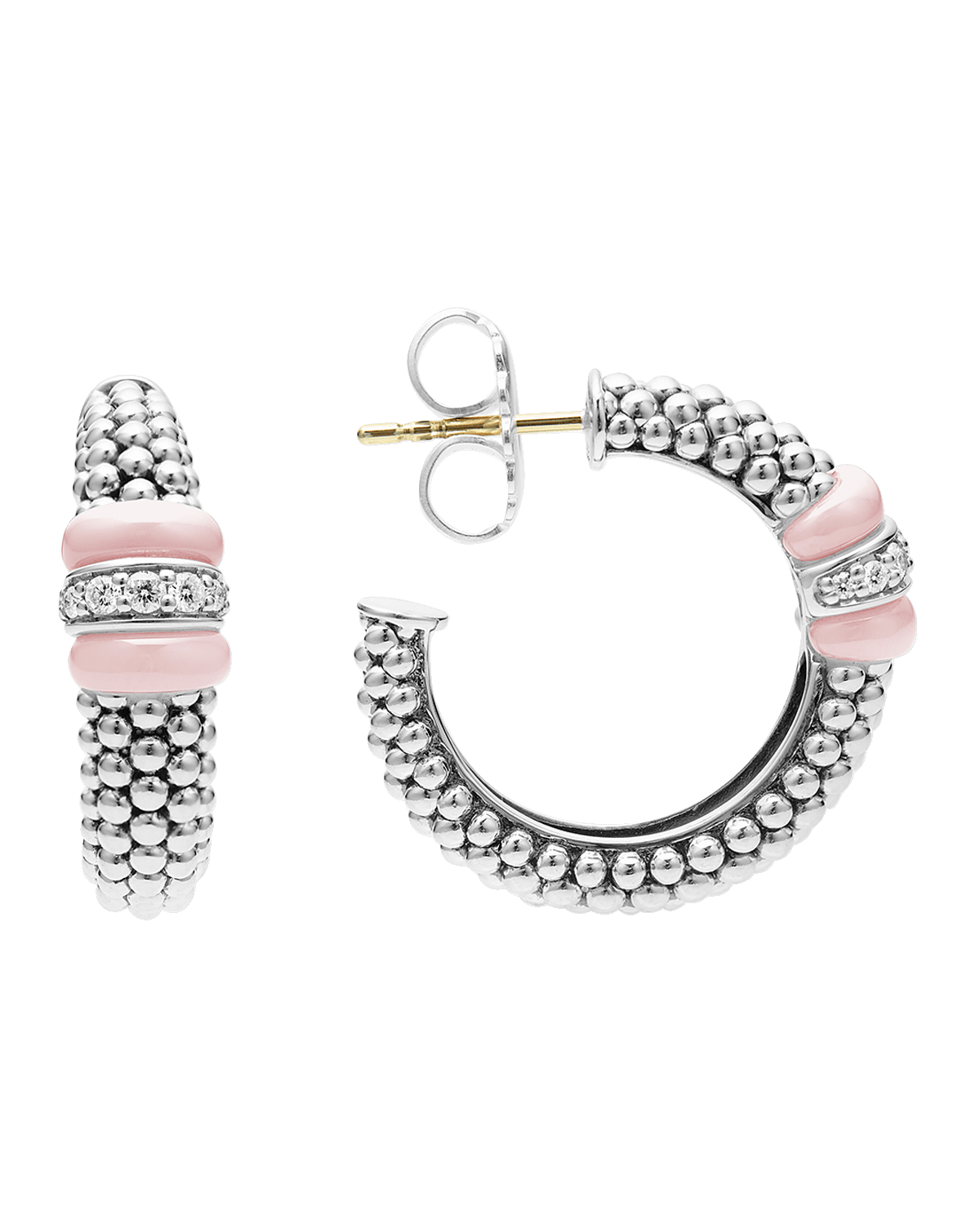 LAGOS Sterling Silver Pink Caviar Diamond 1 Link 23mm Hoop Earrings