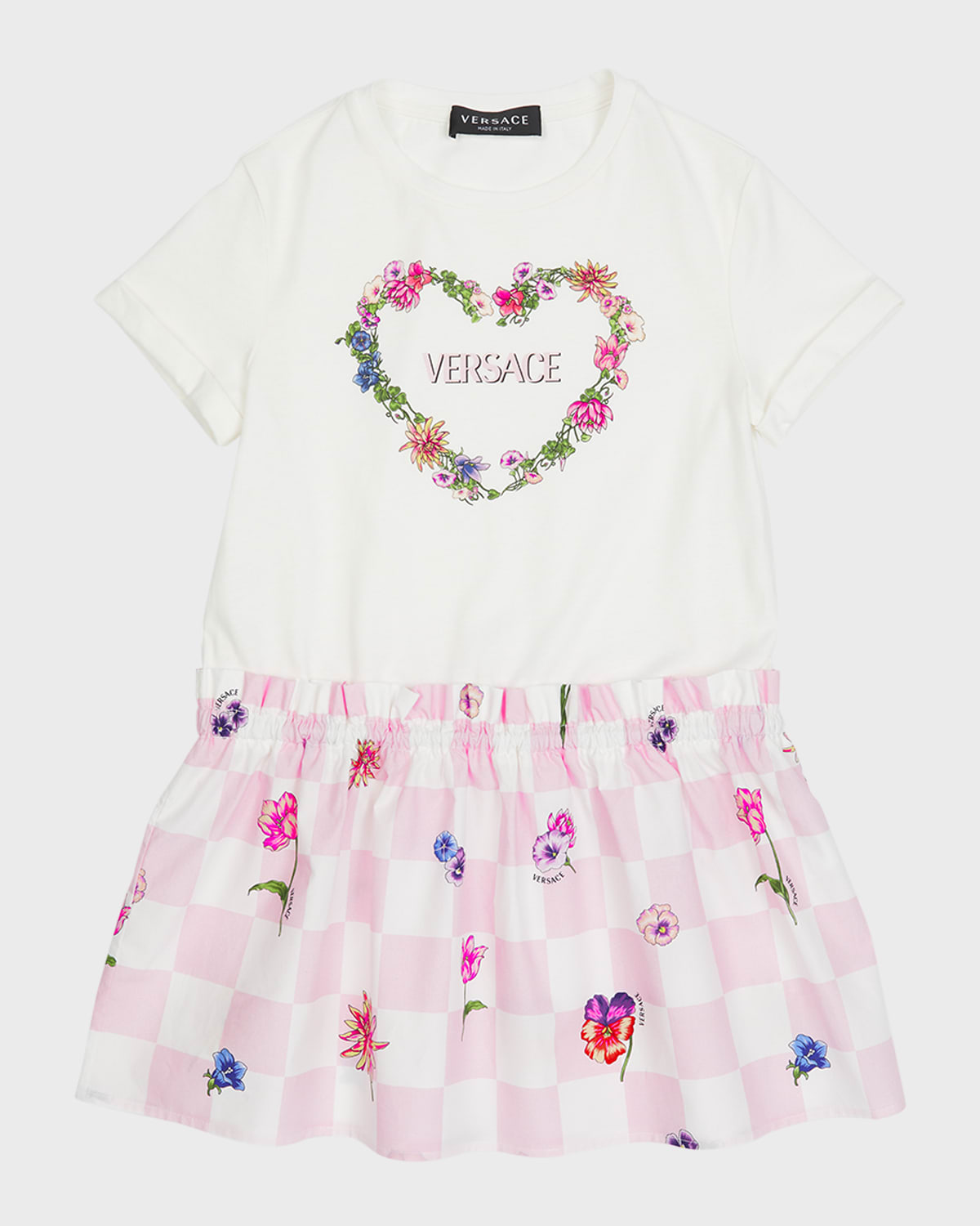 Versace Girl's Damier Flowers Printed Logo T-Shirt Dress, Size 4-6