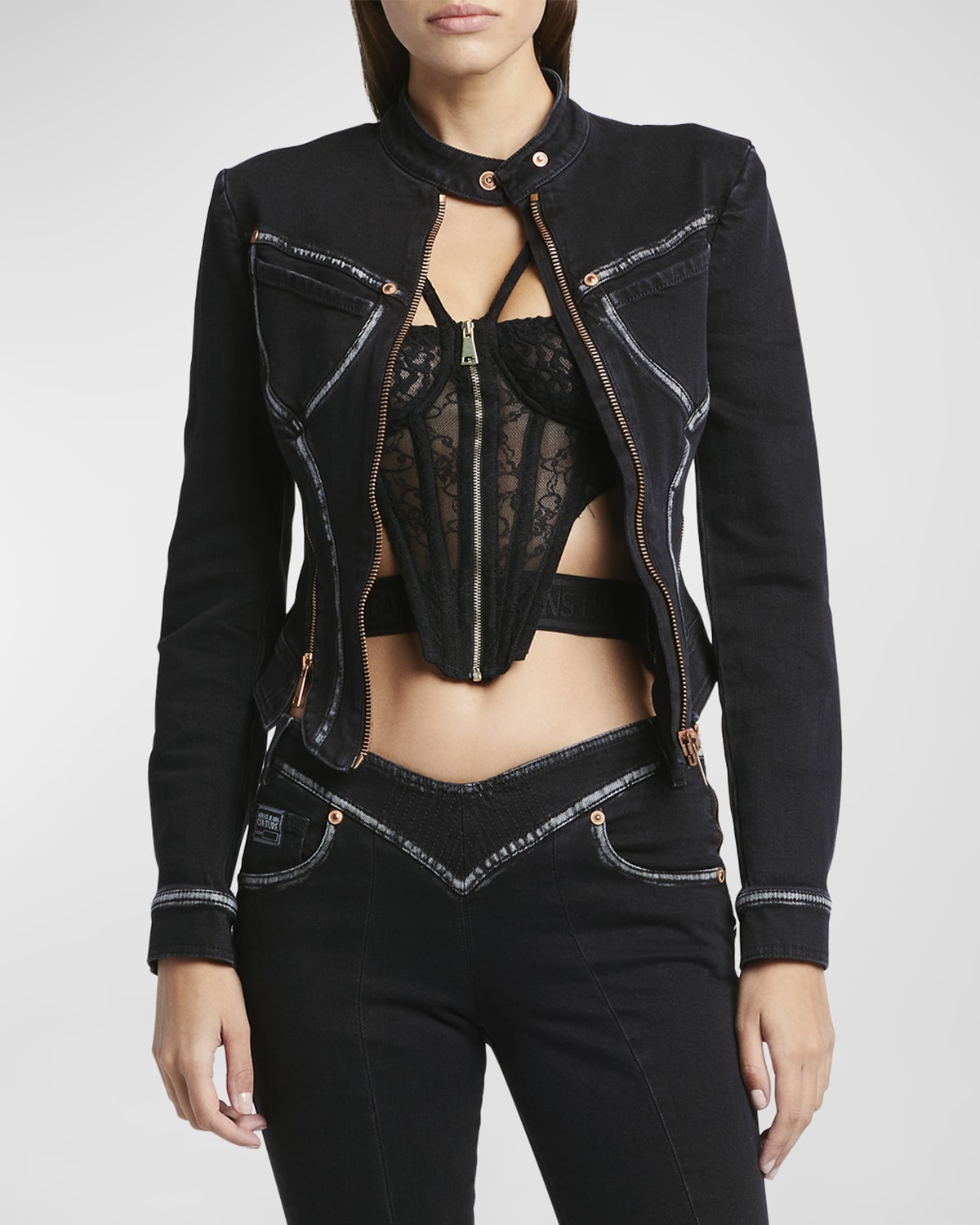 Versace Jeans Couture Zip-Front Corset Denim Jacket