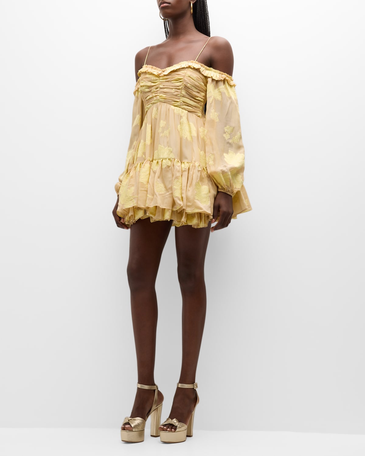 LoveShackFancy Zennia Floral Woven Ruffle Sweetheart Mini Dress