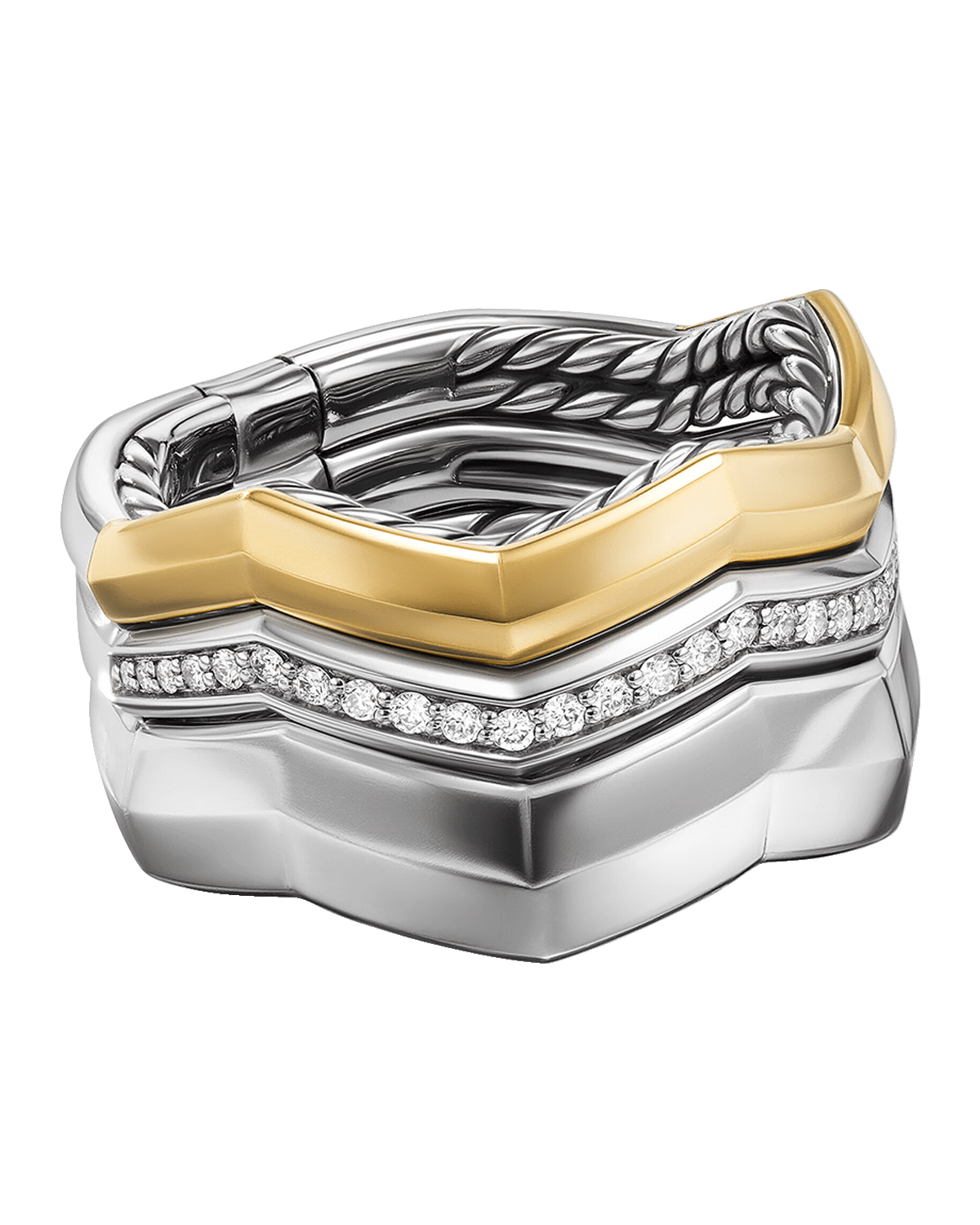 David Yurman Zig Zag Stax Three Row Ring with Diamonds in 18K Gold and Silver, 11mm