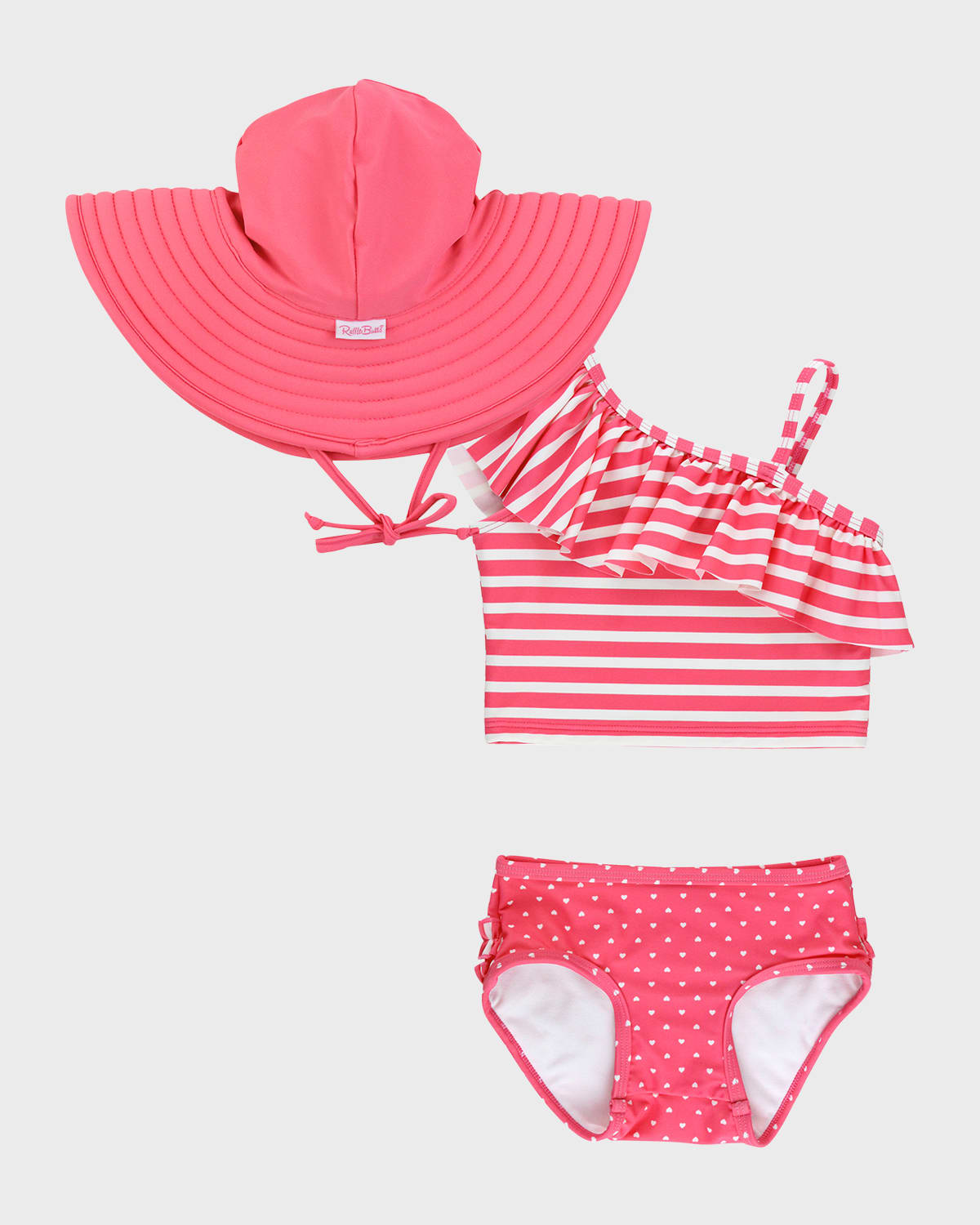 RuffleButts Girl's Hot Pink Hearts Tankini and Hat Set, Size 3M-8