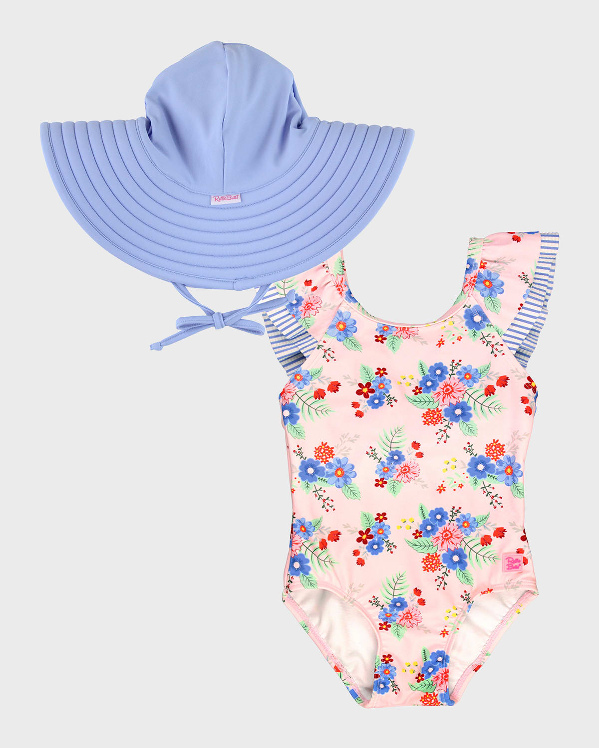 RuffleButts Girl's Coastal V-Back One-Piece Swimsuit and Hat Set, Size 3M-8