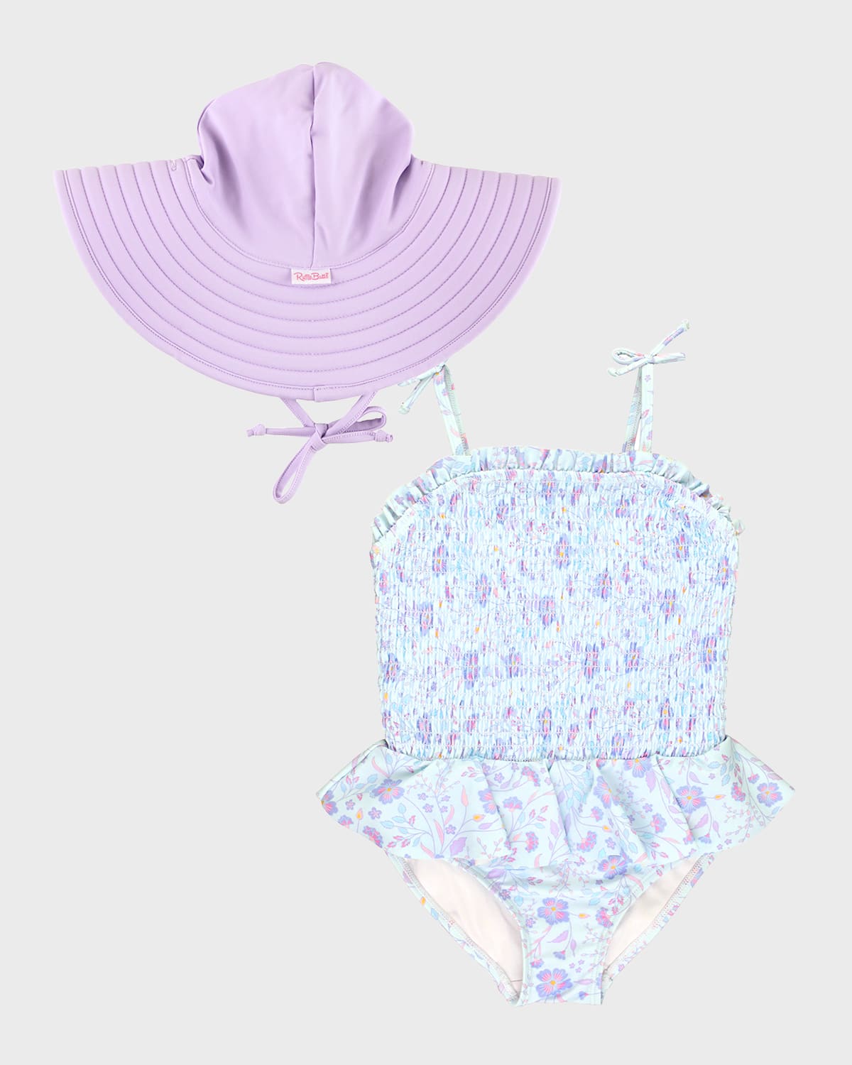 RuffleButts Girl's Fairytale Smocked Swimsuit and Hat Set, Size 3M-8
